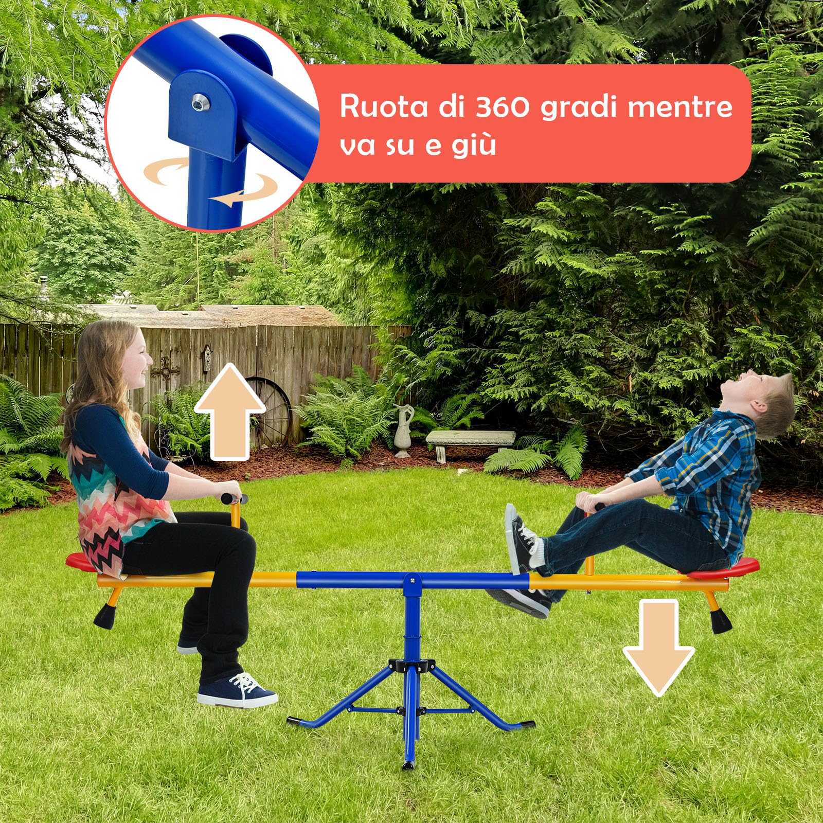 RELAX4LIFE Altalena a Dondolo per Bambini 3-8 Anni, Girevole 360° con Blocco per le Gambe, Maniglie Antiscivolo, Base a Tre Artigli in Acciaio, Carico di 60 kg, Gioco da Esterno per Scuola Materna