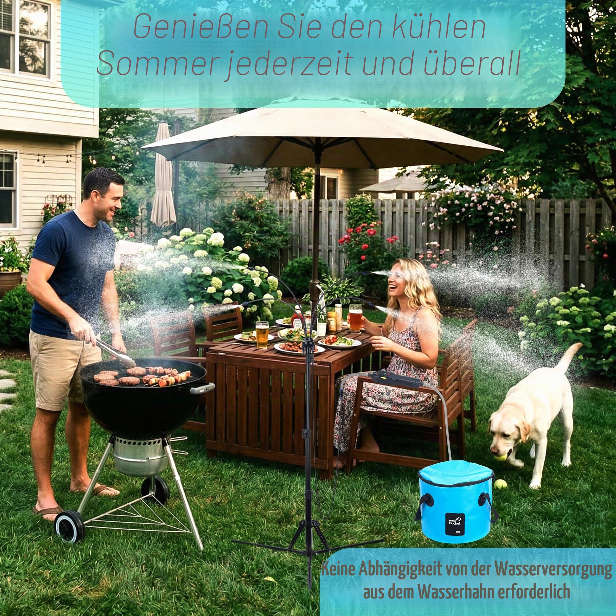 Stehende Sprühnebel für Außenterrasse, 150 cm, höhenverstellbar, mit wiederaufladbarer Wasserpumpe und tragbarem Eimer, kein Wasserhahn erforderlich, Kühlnebel für Terrasse, Hinterhof, Veranda und