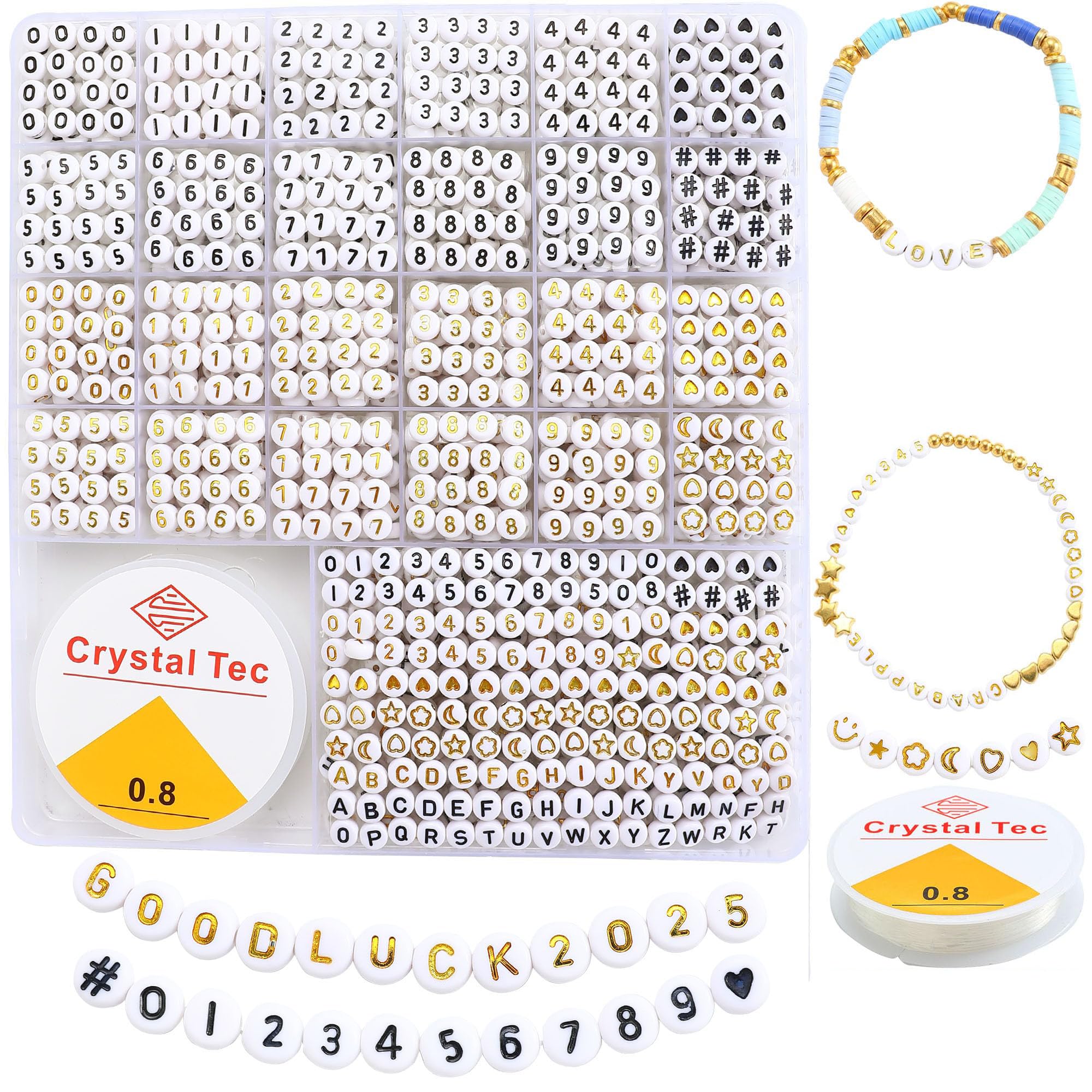 nikkiGuo Kit de 1250 cuentas de letras con cordón elástico – Alfabeto A-Z, números, corazón, luna, estrella, cuentas sonrientes para pulseras de la amistad y joyería de bricolaje (latidos blancos y