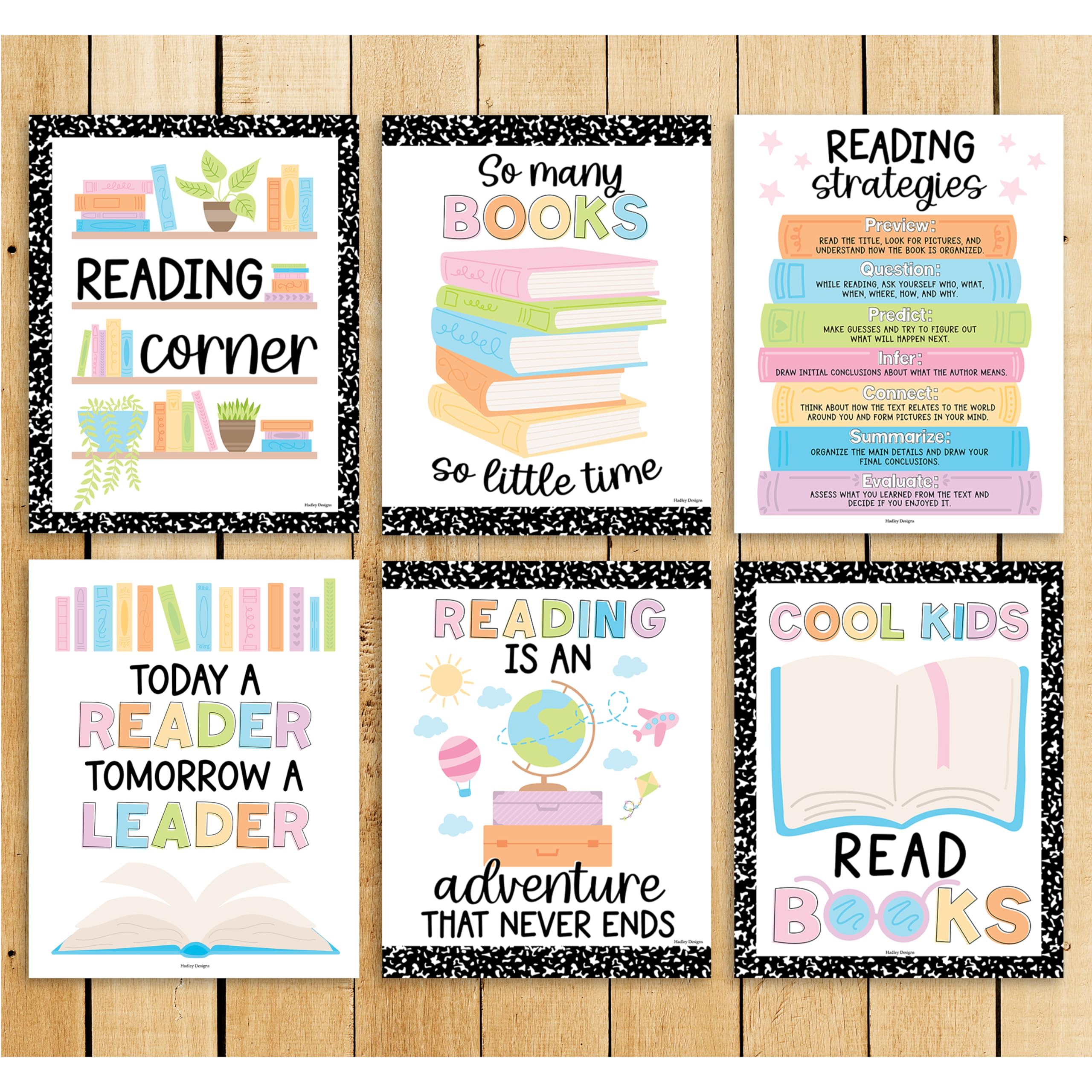 Hadley Designs 6 Motivational Reading Strategies Posters - Classroom and Library Decorations for Elementary School, Reading Corner and Literacy Wall Art - Colorful Classroom Decor