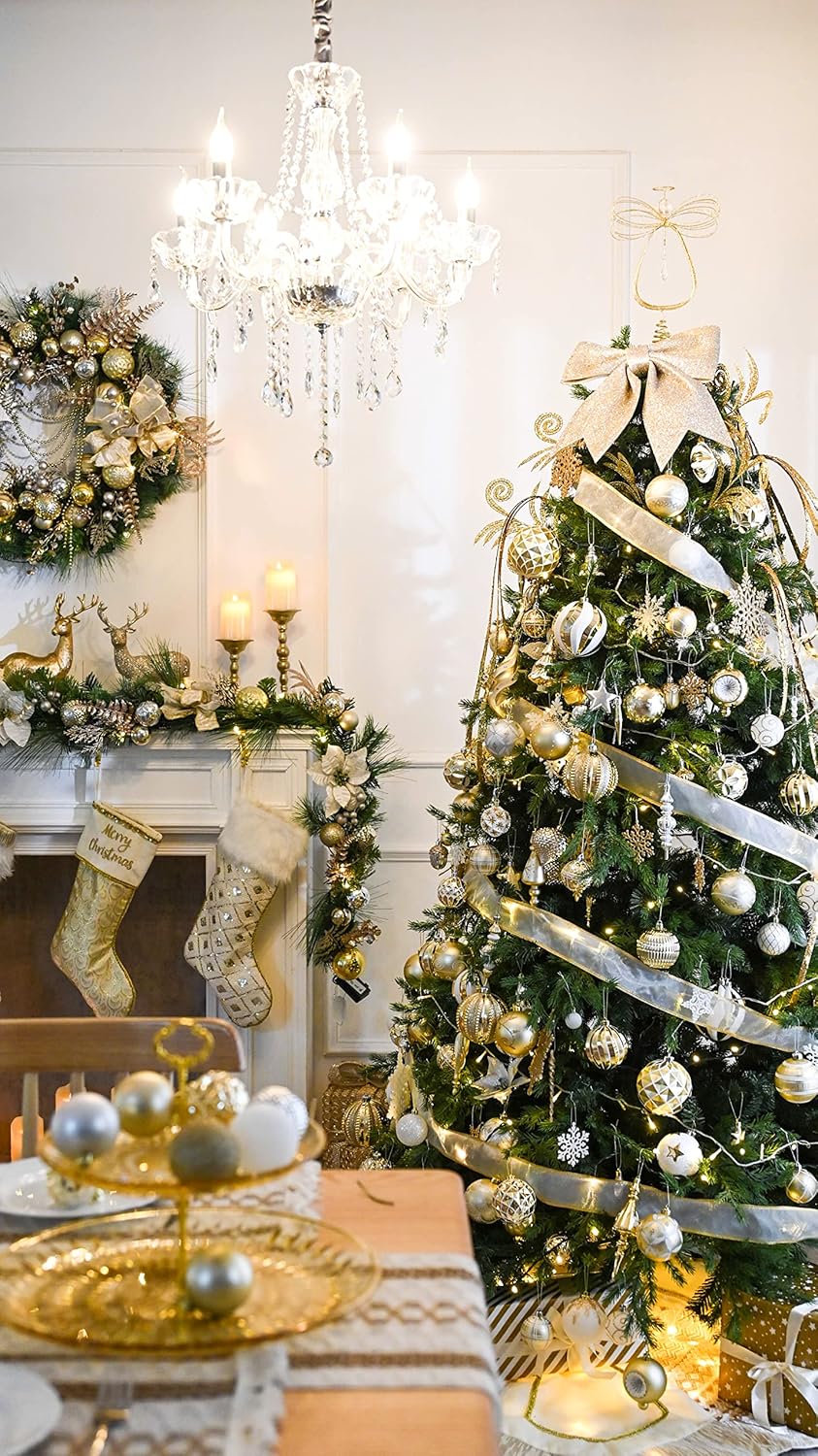 Valery Madelyn Christmas Angel Tree Topper with Timer&Christmas Tree Ornaments Set, 40ct White and Gold Shatterproof Christmas Tree Decorations(2 Items Buddle)