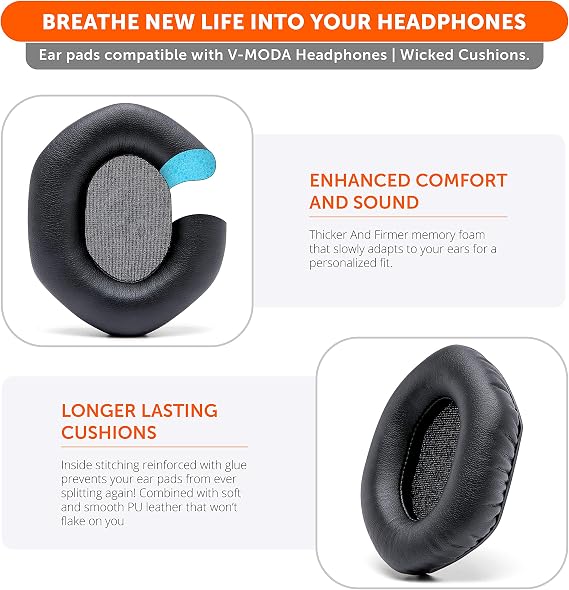 WC Wicked Cushions Replacement XL Ear Pads For Vmoda Headphones - Compatible with Vmoda M100 & Crossfade Series | Soft Leather, Luxurious Memory Foam, Added Thickness, Enhanced Noise Isolation | Black