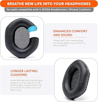 WC Wicked Cushions Replacement XL Ear Pads For Vmoda Headphones - Compatible with Vmoda M100 & Crossfade Series | Soft Leather, Luxurious Memory Foam, Added Thickness, Enhanced Noise Isolation | Black