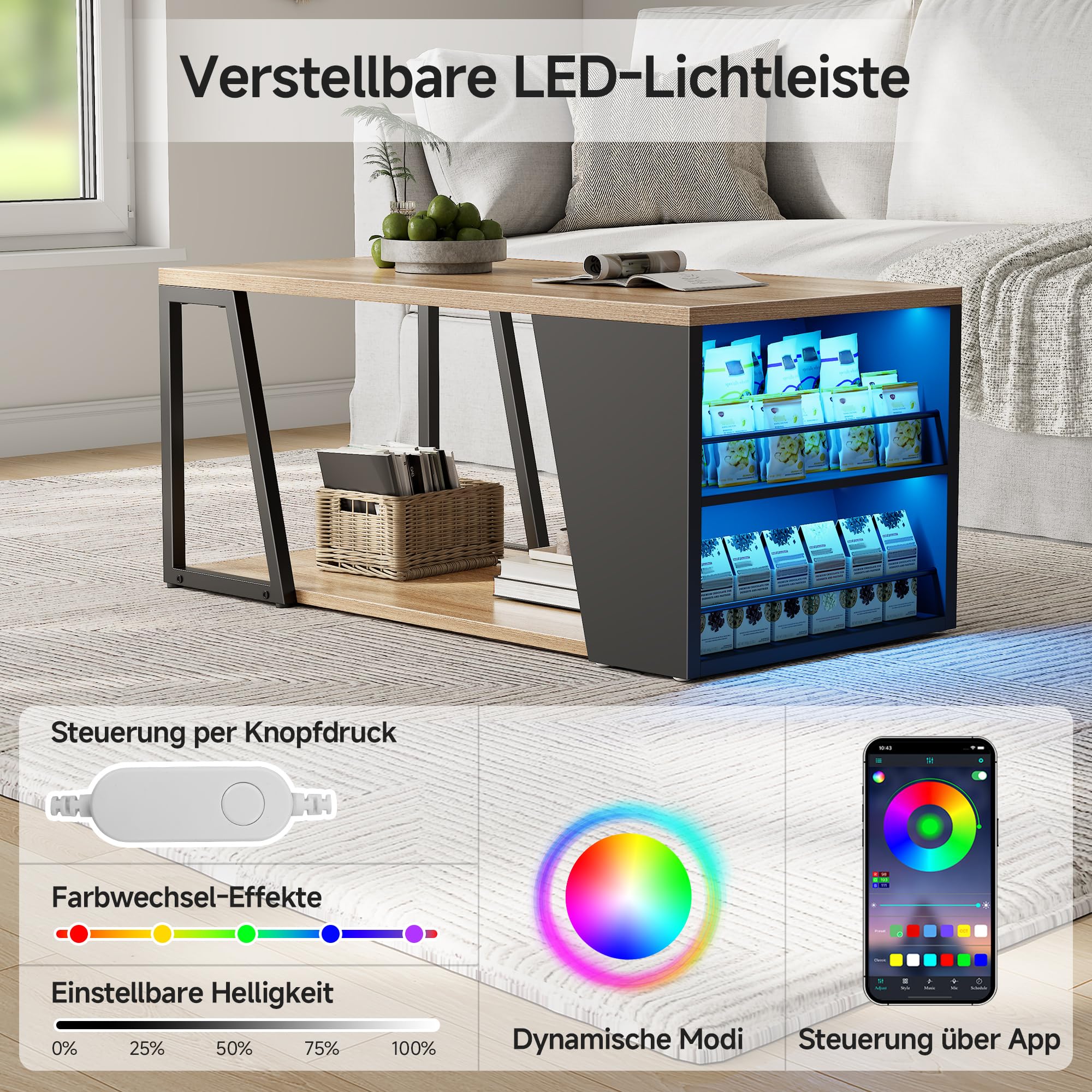 Gyfimoie Couchtisch mit Stauraum, Wohnzimmertisch mit Verstellbarer LED, Sofatisch mit Regal, Beistelltisch aus Metall, 100 x 50 x 47 cm