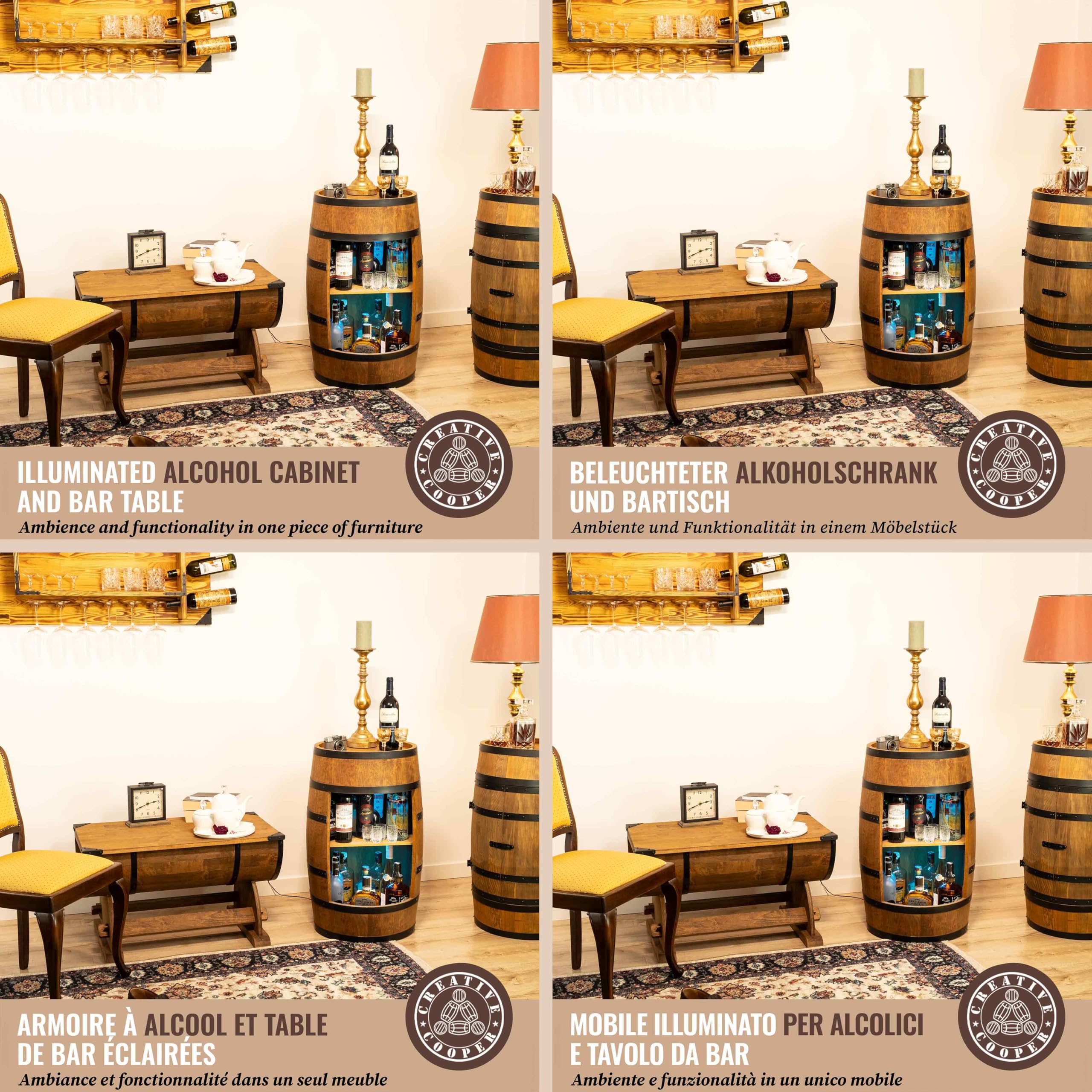 CREATIVE COOPER Weinregal Holz - Weinschrank Mini Bar - Alkohol Schrank Mann - Barschrank mit LED-Leuchten - 80cm hoch - Retro deko Bar Regal - Hausbar Theke - Fassmöbel (Wenge)