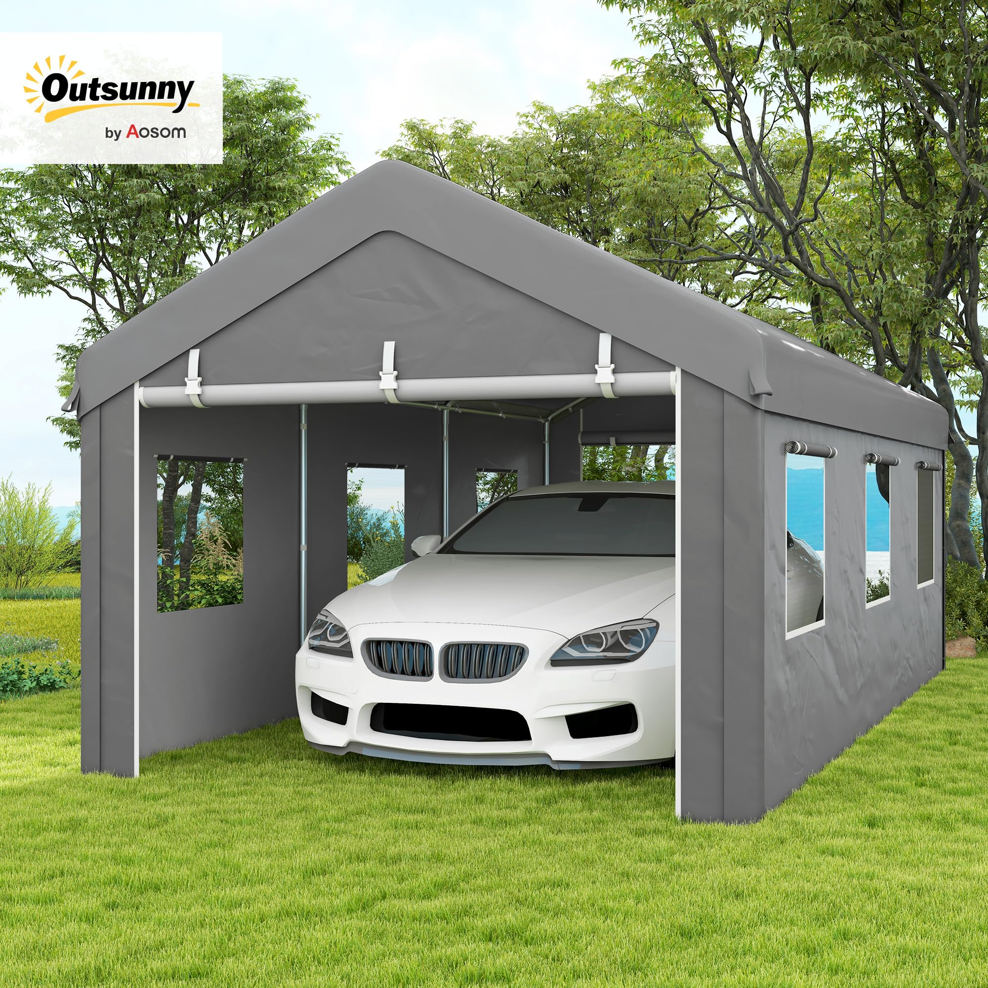 Outsunny Tente Garage carport dim. 6L x 2,95l x 2,78H m Acier galvanisé Robuste PE Haute densité 160 g/m² imperméable Anti-UV, 2 Portes enroulables et 6 fenêtres