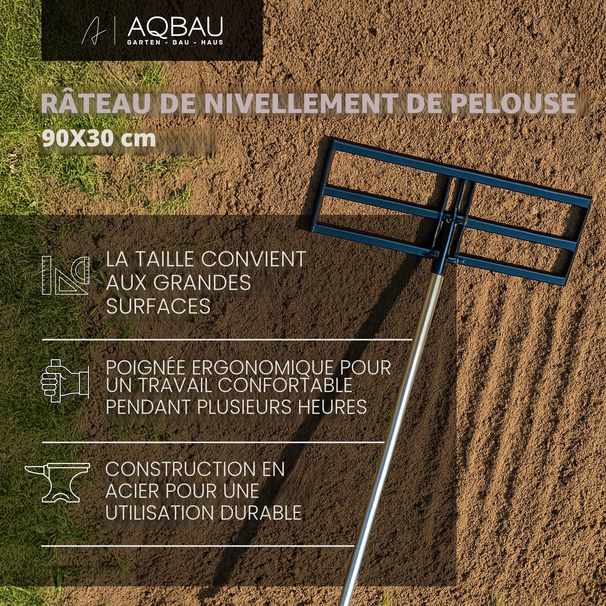 Râteau Niveleur de Pelouse 75x25 cm avec Manche 175 cm – Niveleur de Sol en Acier pour Égaliser Gazon, Répartir Sable et Terre – Outil de Jardin