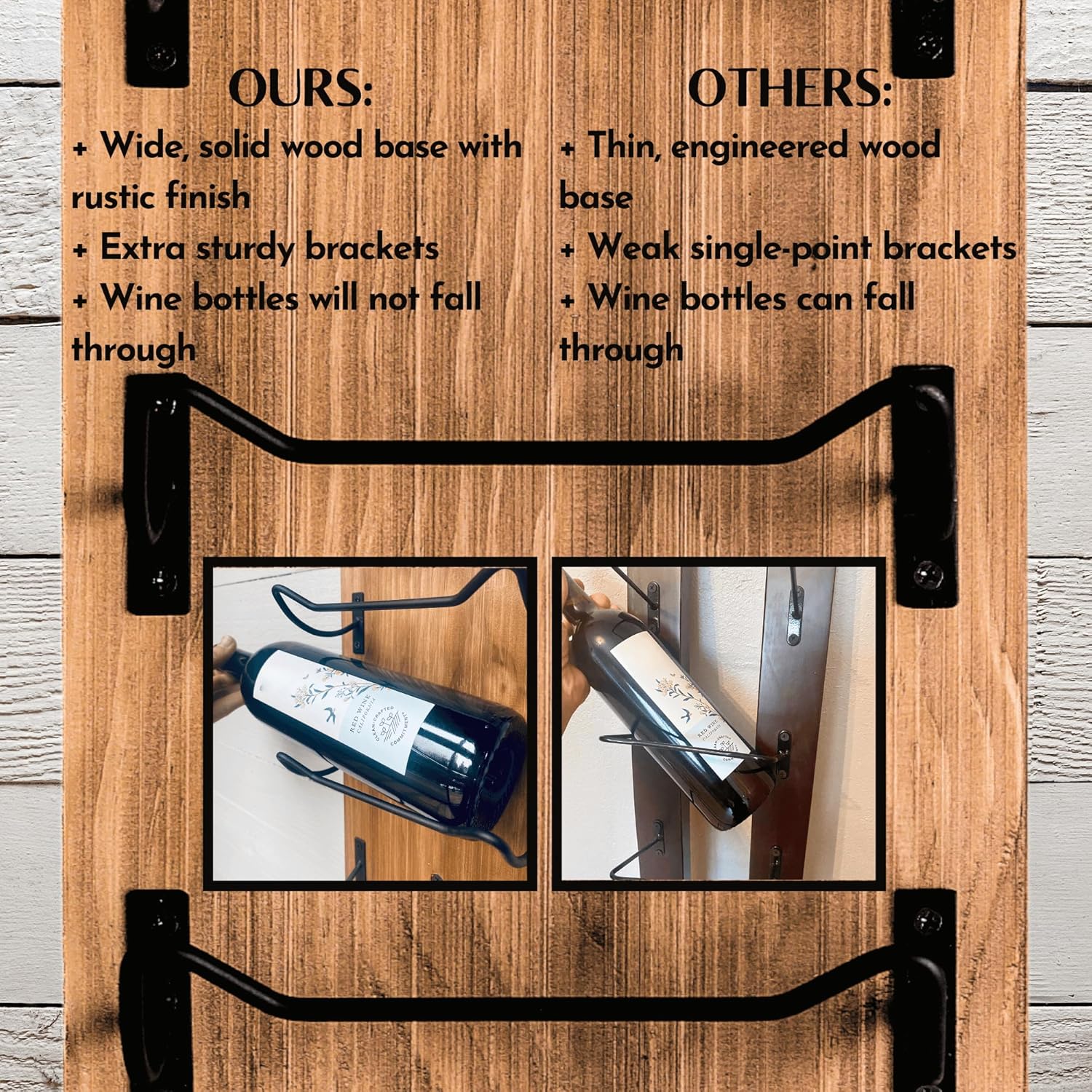 Wine Rack Wall Mounted | Wooden Wall Wine Rack with 8 Bottle Storage and Matte Black Brackets | Wine Wall Rack with Rustic Finish | Perfect for Small Spaces