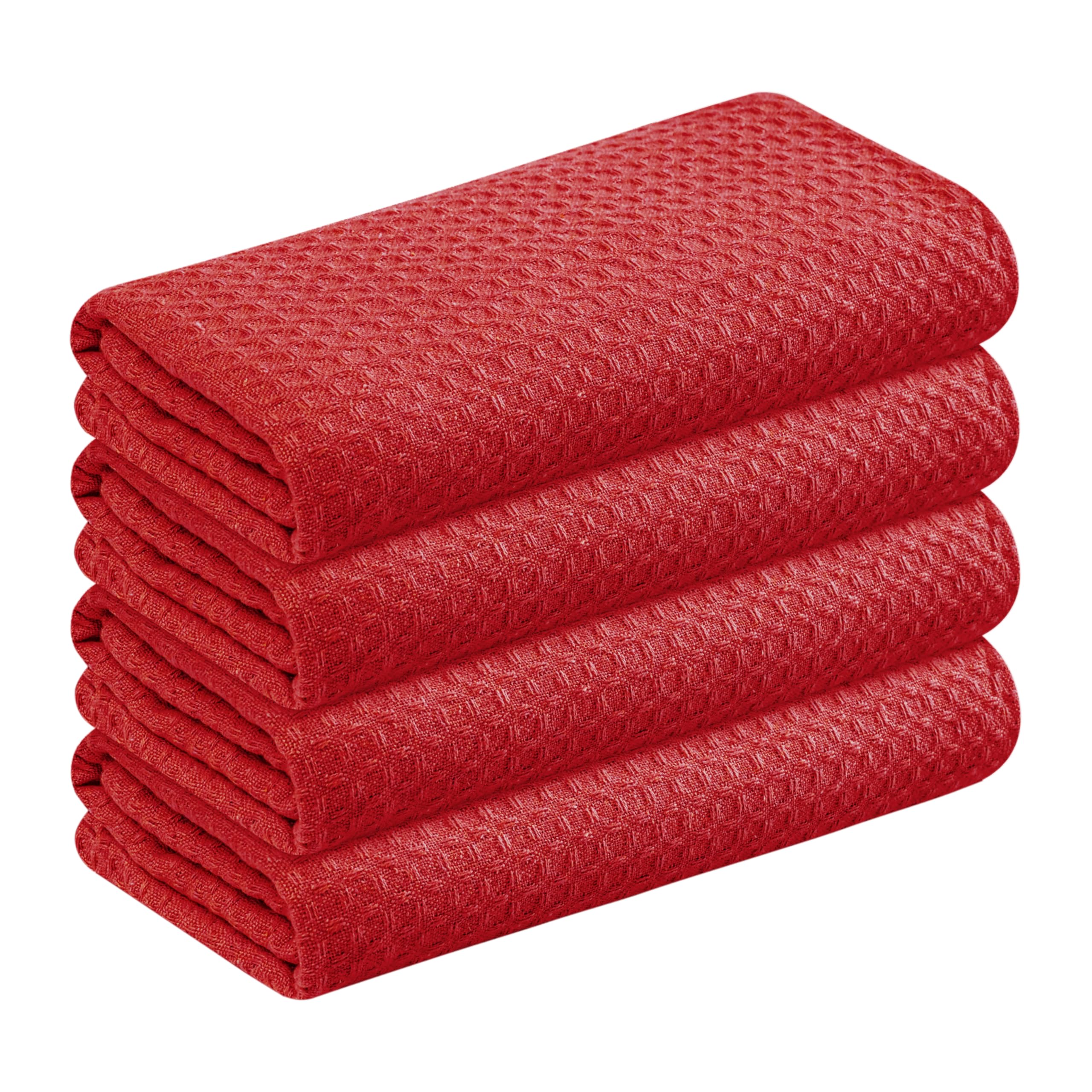 Red Waffle Kitchen Towels, 100% Cotton, Quick Dry, Super Absorbent, Soft, Lint-Free, 16x26 Inches, with Hanging Loop - Ideal for Dish Drying, Bar, Tea, Cleaning &amp; Everyday Use, 4 Pack