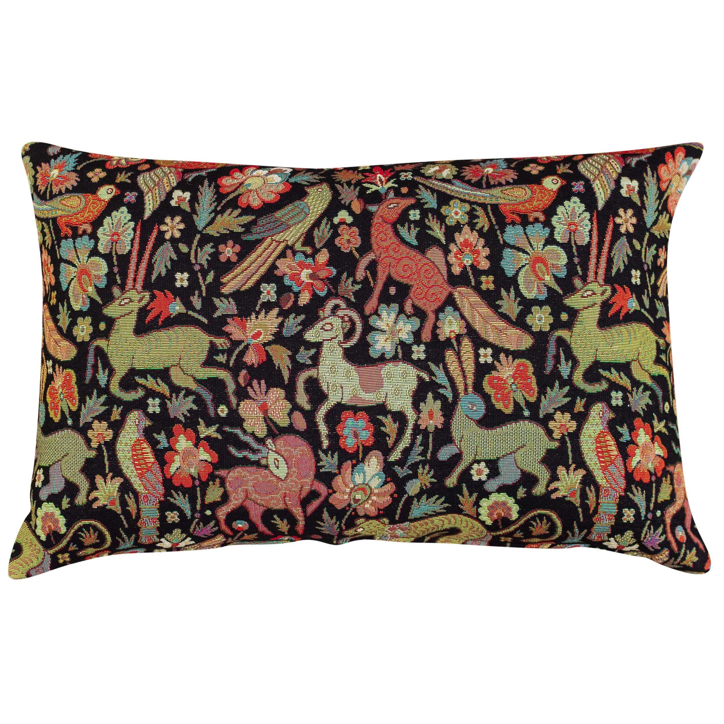 Linen Loft Mythical Animals Heavyweight Tapestry Double Sided XL Rectangular Cushion Cover. 23x15 Pillow Cover. Black background with multicoloured beasts. Morris style design.