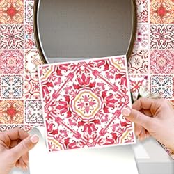 Mosaico Vinilico Autoadhesivo WALPLUS Pared Adhesivos Removibles Autoadhesivo Mural Pegatinas Vinilo Decoración Hogar Bricolaje Living Cocina Dormitorio Decor Papel Pintado Regalo Rosa Marroquí Rojo Mosaico Azulejo - 15cm X - 24