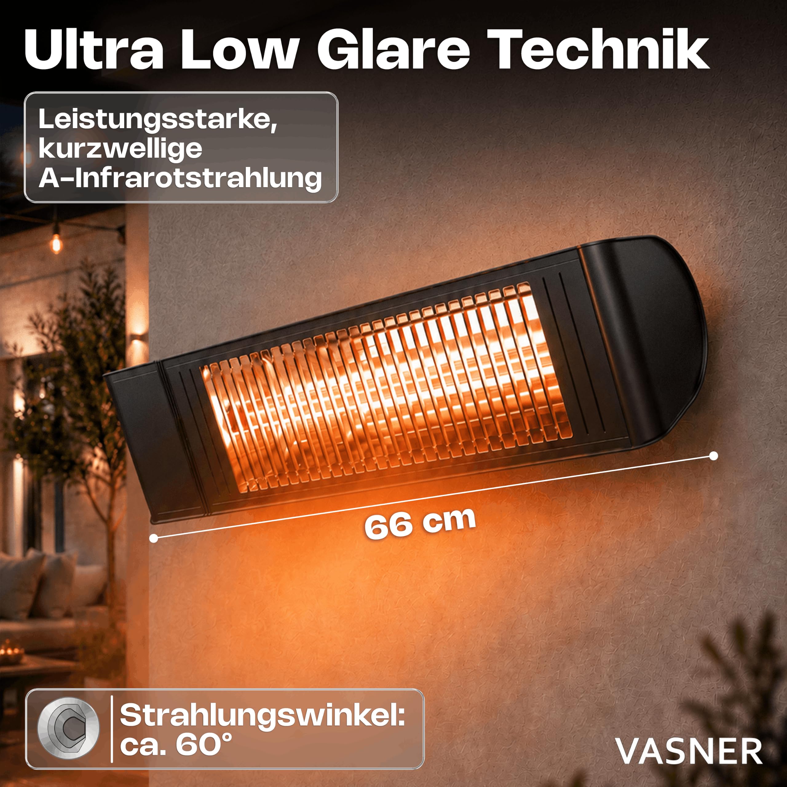 Infrarot Heizstrahler Outdoor - Terrasse Elektrisch - Decke - Fernbedienung | VASNER Infrarot Heizstrahler Terrasse - Decken- & Wandmontage hängend - elektrisch 2000 Watt - 6 Heizstufen - Schwarz IP65