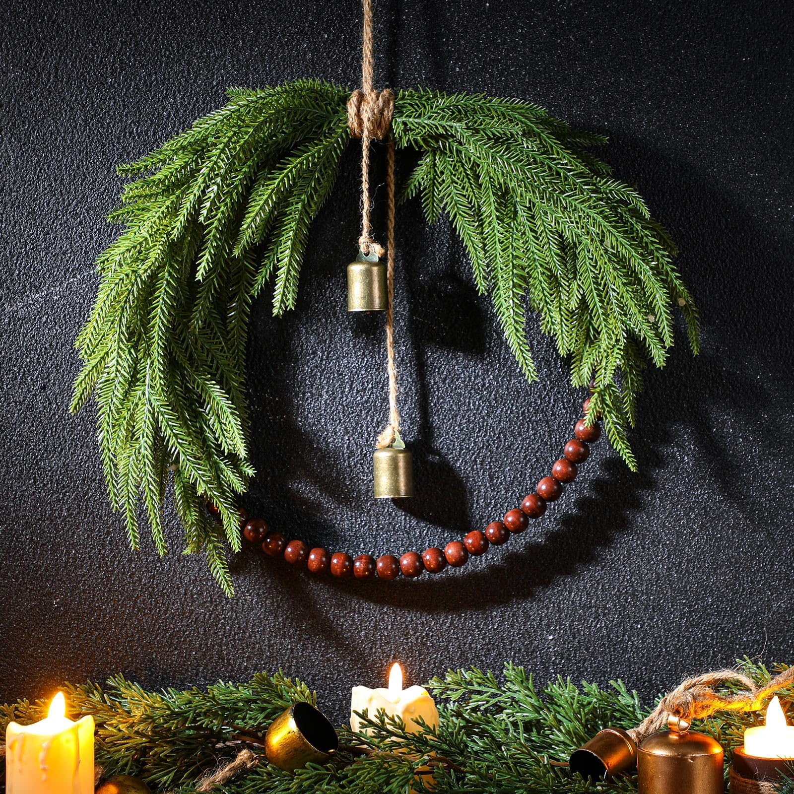 Dingion Norfolk Pine Christmas Wreath with Wood Bead 11.8 in Christmas Norfolk Pine Wreath for Front Door Farmhouse Rustic Xmas Artificial Door for Window Wall Hanging Decor(Classic)