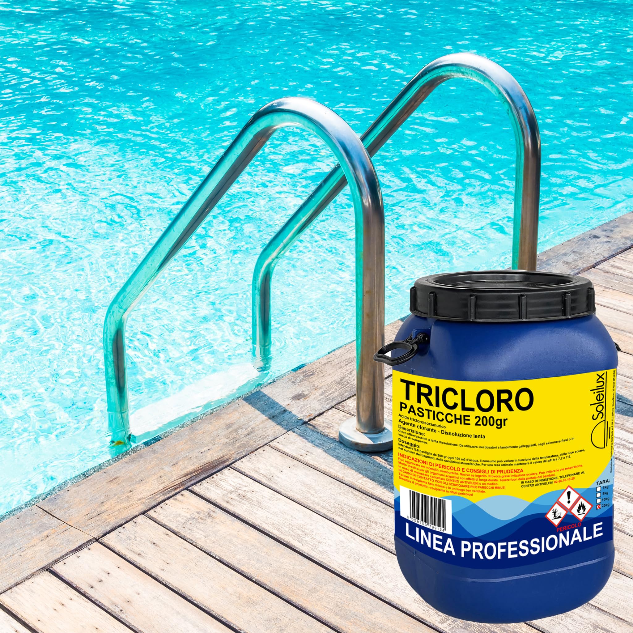 Cloro Lento 90%, 25 kg di Tricloro in Pastiglie da 200 grammi per Piscina, a Lenta Dissoluzione, Trattamento per Mantenere Costante il Livello del Cloro nell' Acqua di Piscine