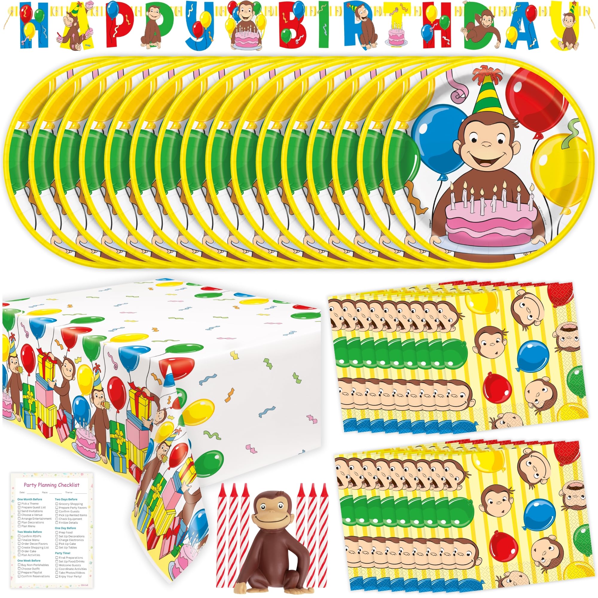 Curious George Birthday Decorations - Curious George Party Supplies - Plates and Napkins, Tablecloth, Banner, Cake Topper, Checklist - Birthday for 16