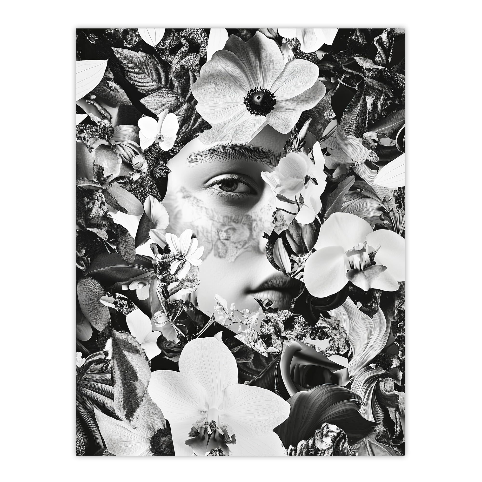 Artery8 Spring Face Flower Blooms Black White Collage Living Room Large Wall Art Poster Print Thick Paper 18X24 Inch