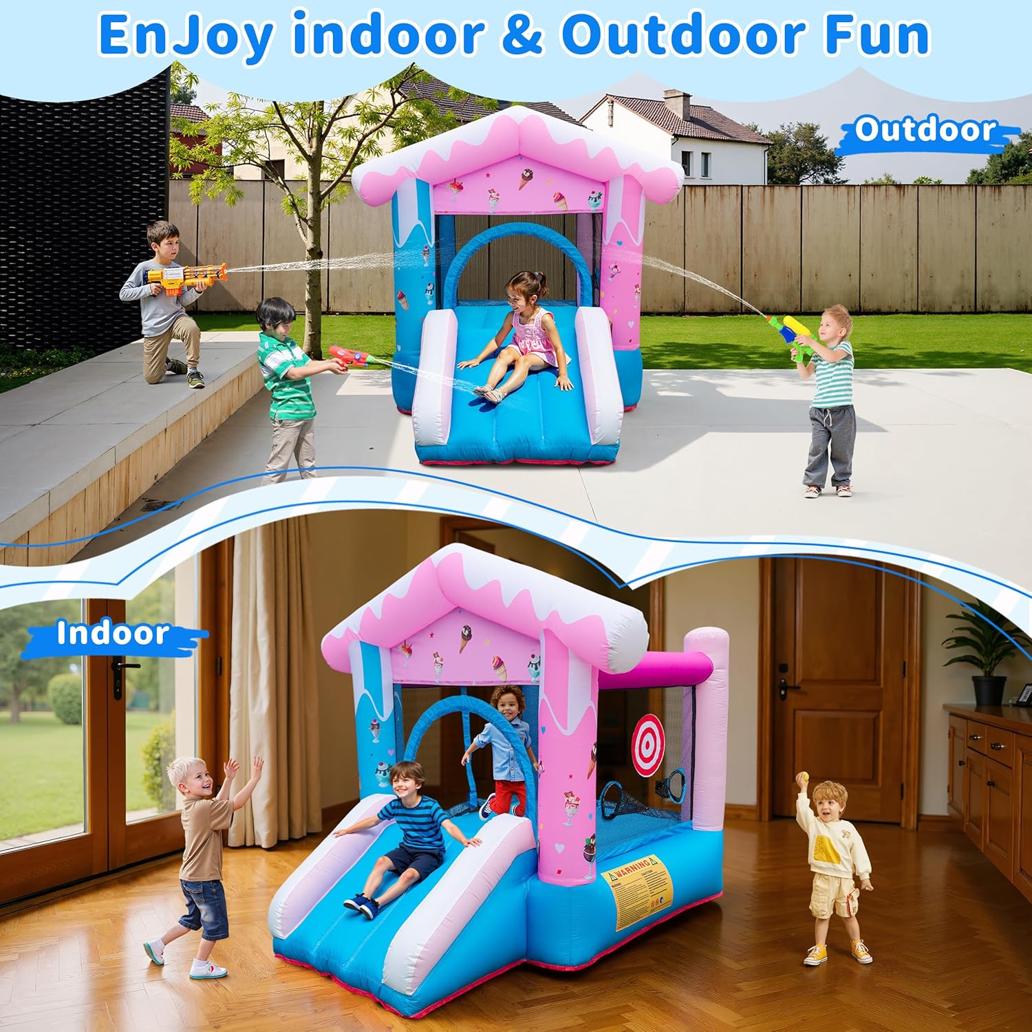 TOAOB Inflatable Bounce House: 3-in-1 Bouncy Jumping Castle for Kids Ages 3-6 Without Blower for Backyard Birthday Party Indoor & Outdoor