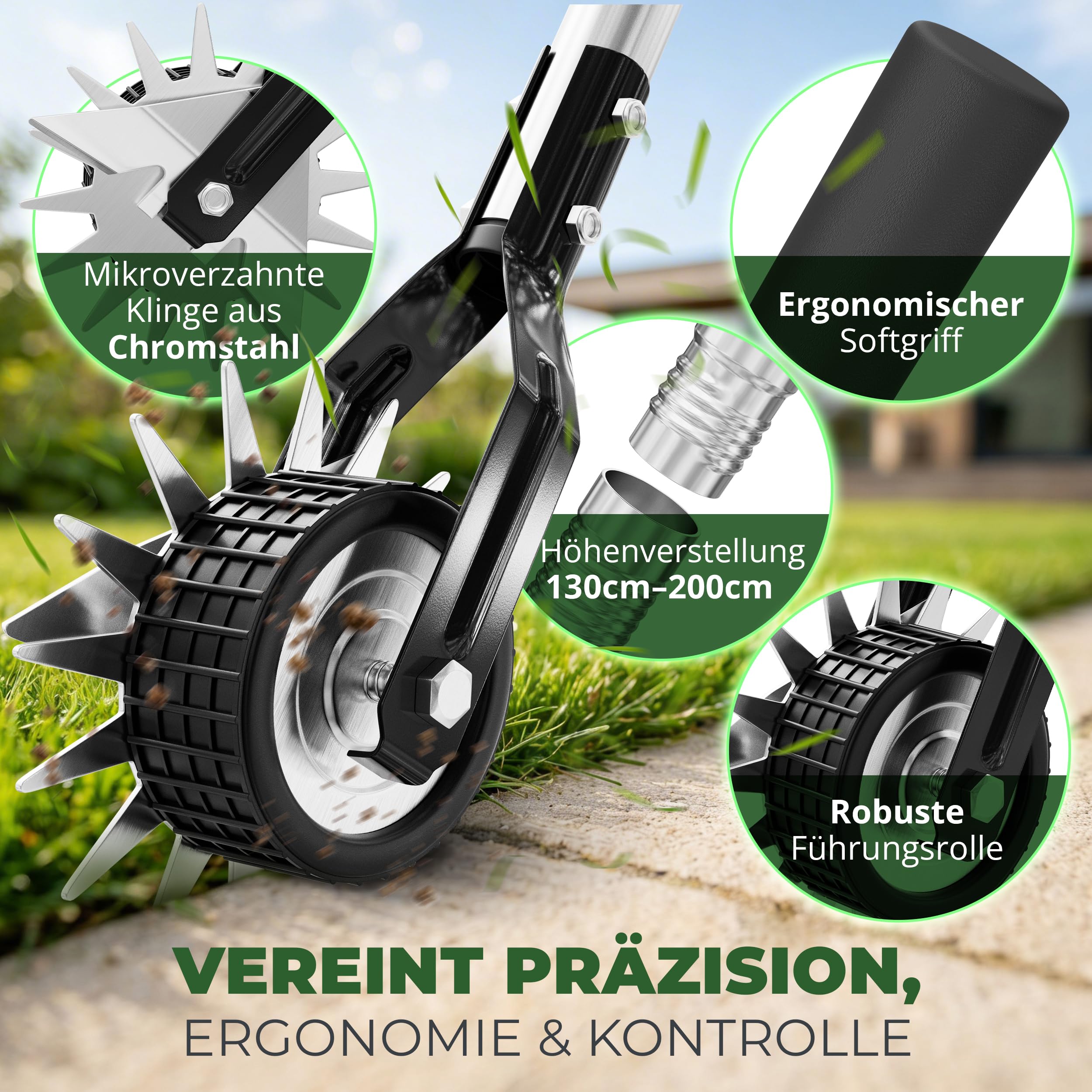 Rasenkantenschneider – Verstellbarer Edelstahl-Handgriff, Ergonomisch, gut ausbalancierte Rollen, Inklusive Schleifmesser