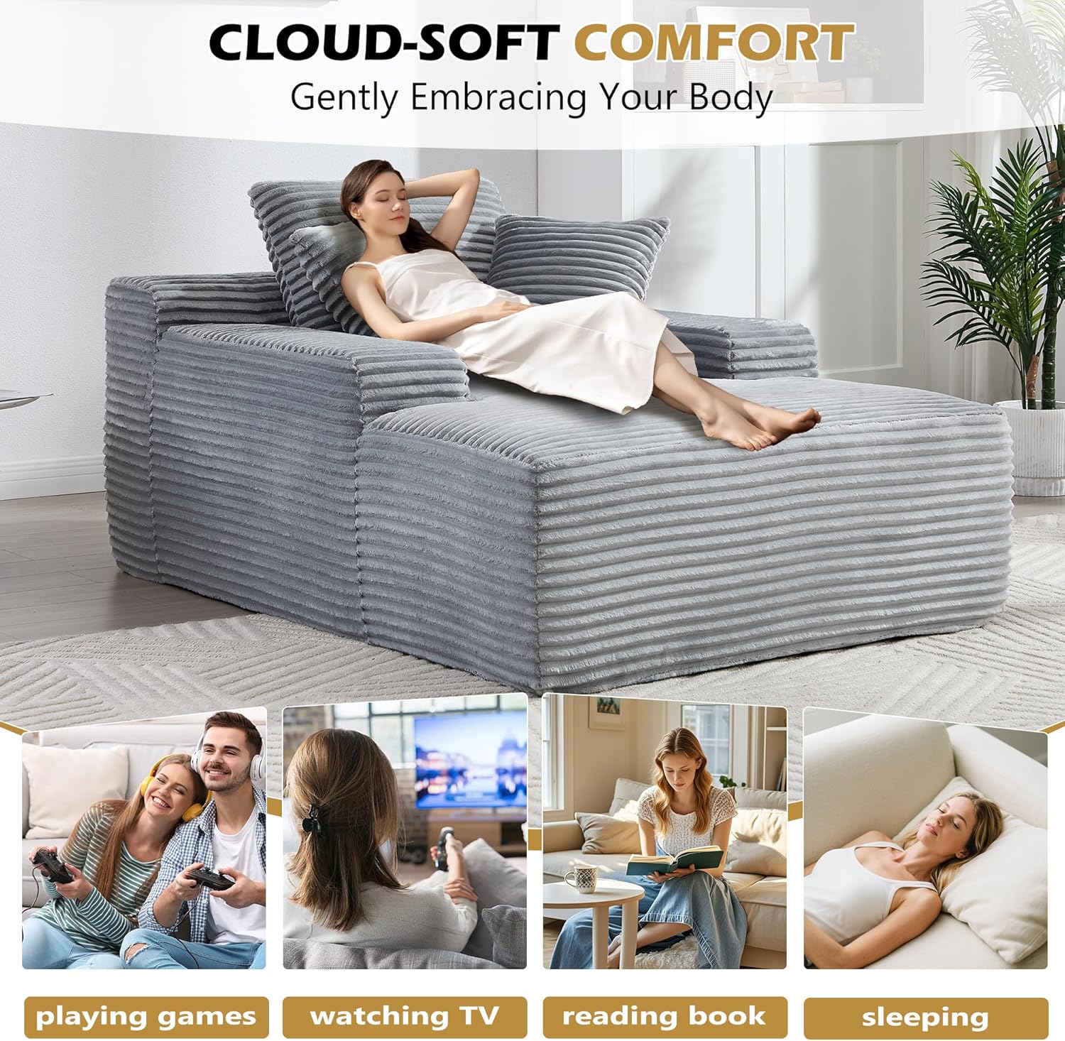 67" Chaise Lounge Chair Indoor, Oversized Corduroy Upholstered Boneless Sleeper Sofa, Deep Seat Lounge and Three Soft Pillows, for Living Room, Bedroom, No Assembly Required (Grey)