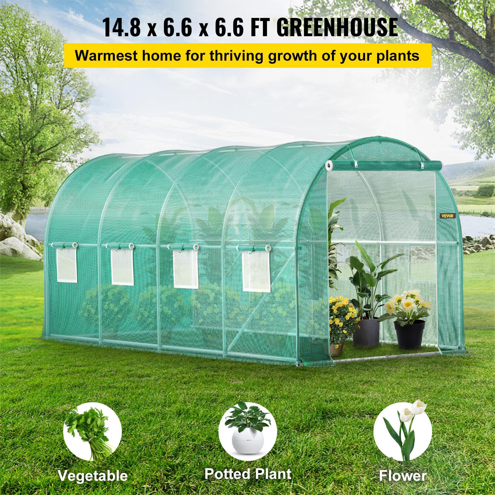 VEVOR Invernadero de plástico de 4,6 x 2,1 x 2,1 m, techo arqueado, marco de acero galvanizado, cubierta de polietileno, impermeable, resistente a los rayos UV, color verde, túnel móvil, ideal para el