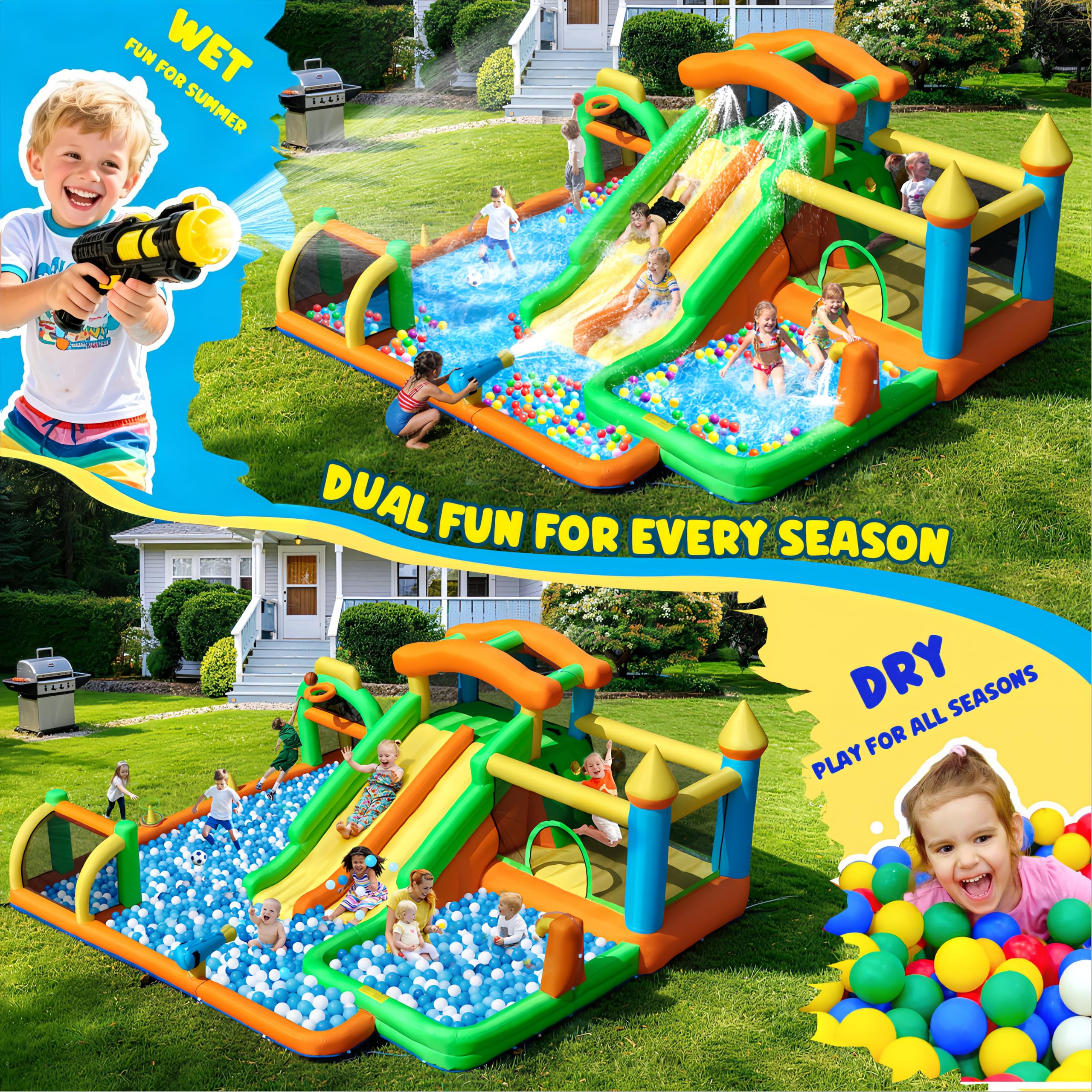 FOOING Gran tobogán acuático inflable con 2 toboganes y piscina infantil para niños, castillo hinchable con dos pistas para fiestas en el jardín y en el patio, diversión de verano al aire libre