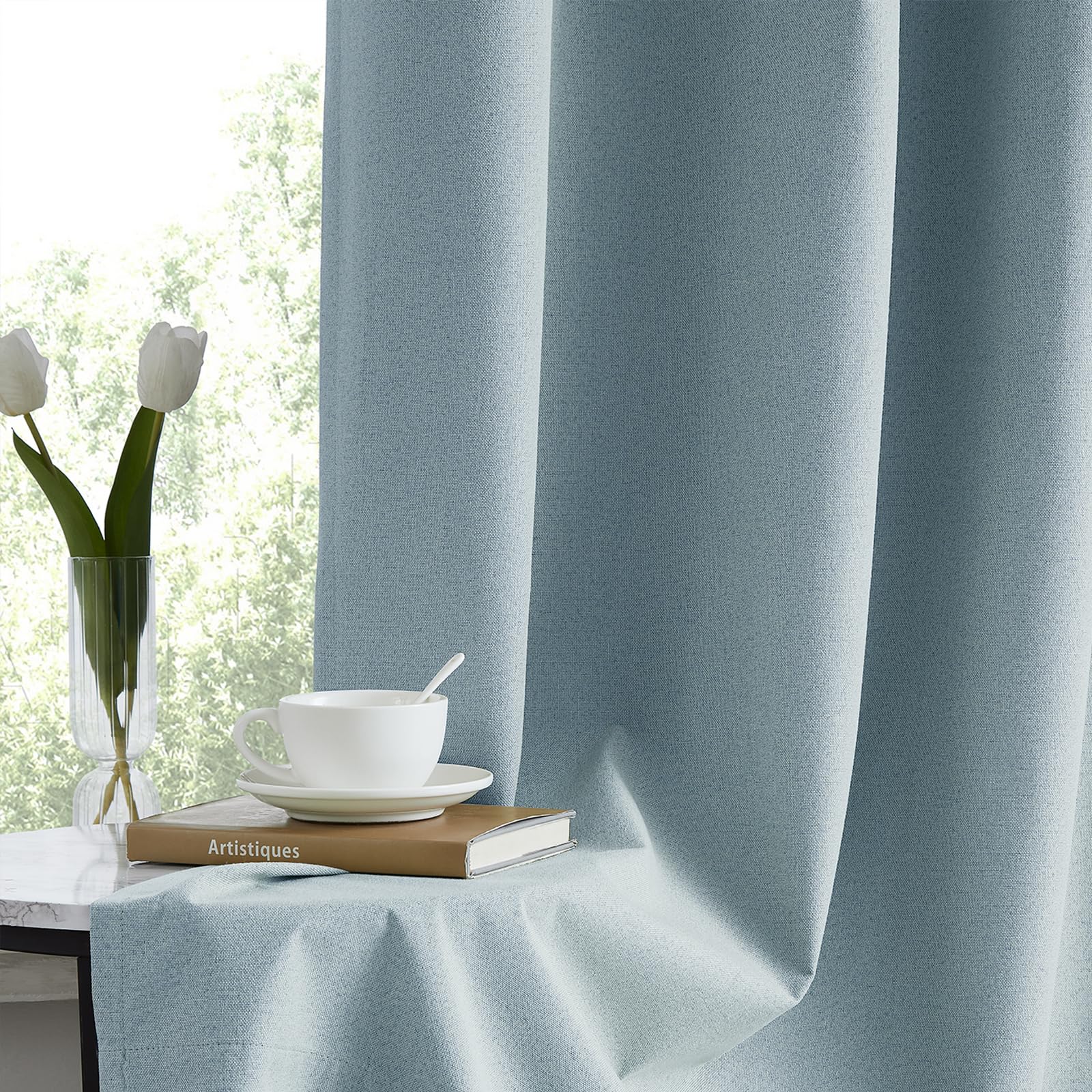 Tende oscuranti Energy per camera da letto, tende oscuranti in finto lino per soggiorno, 1,32 m x 2,13 m di caduta, azzurro, set da 2 | Leroy Merlin