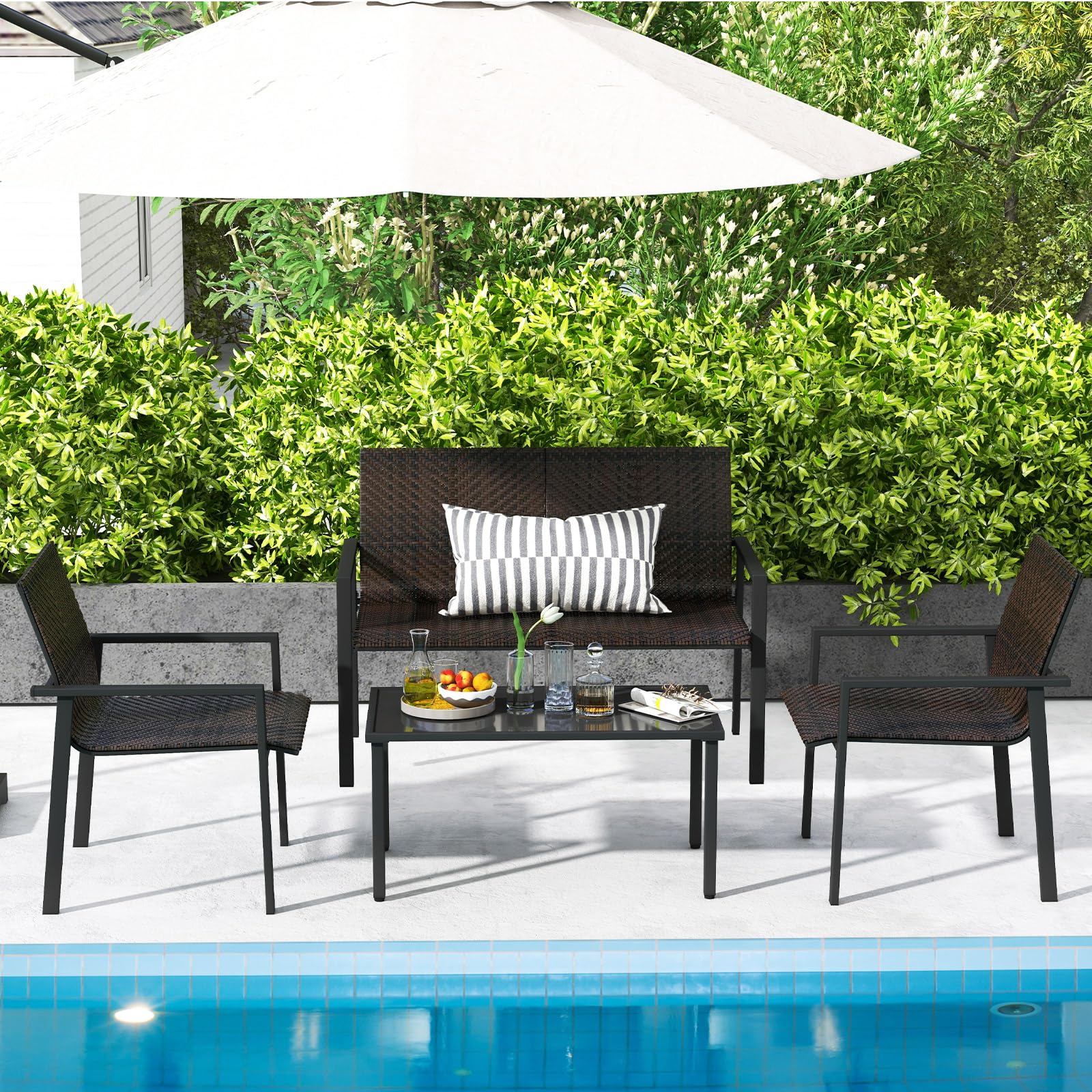 COSTWAY 4 Pezzi Set di Mobili da Giardino, Set di Tavolo e Sedie da Esterno in Intrecciato di Vimini, Set Salotto da Giardino per Balcone Giardino Terrazzo (Marrone)