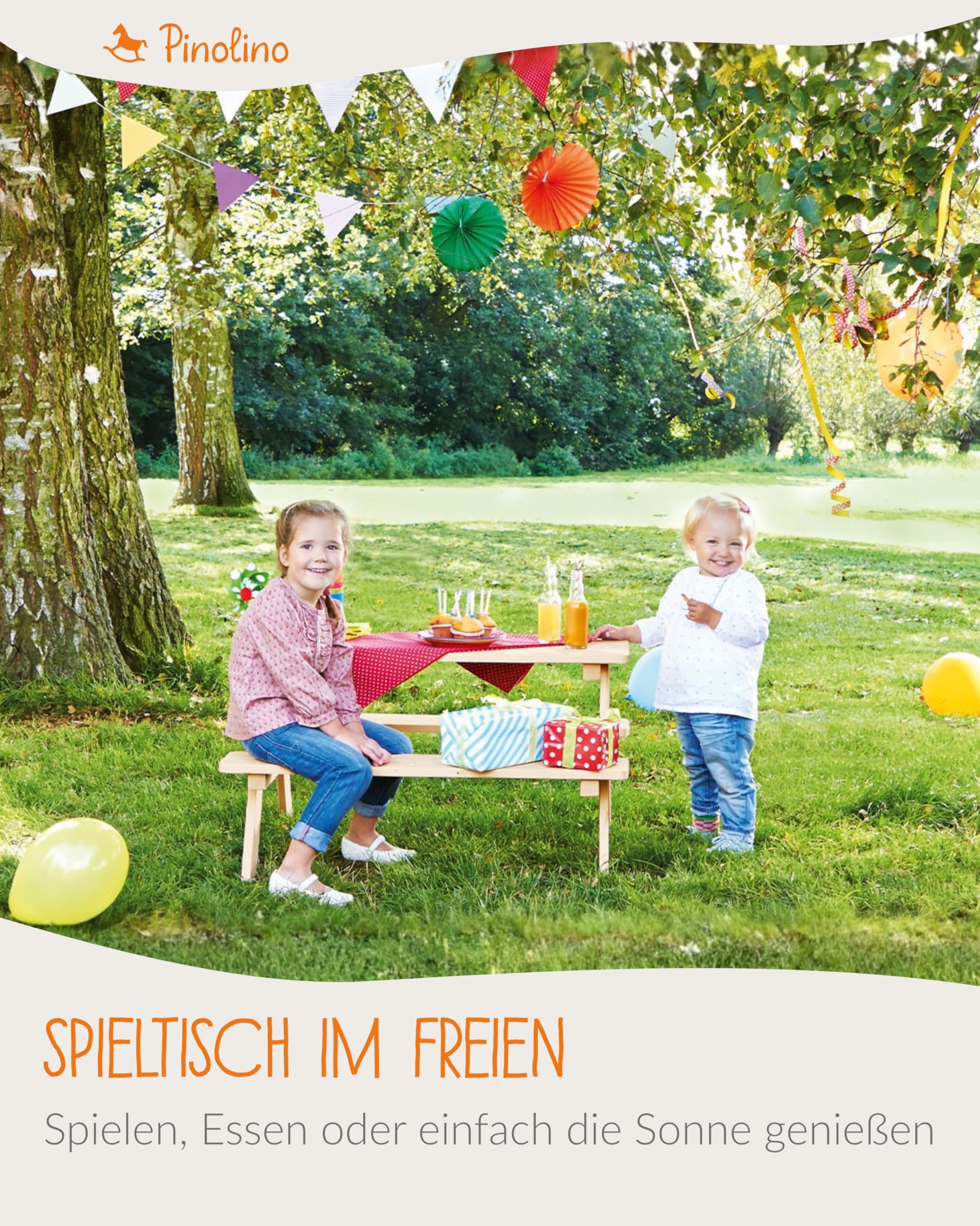 PINOLINO Kindersitzgruppe Massivholz 90x79x50 cm Kinder Picknicktisch Garten Outdoor Spieltisch abgerundete Kanten