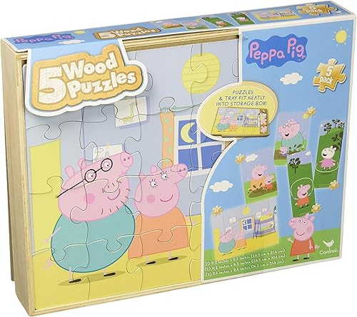Paquete de 5 rompecabezas de Peppa Pig en caja de madera, Peppa Pig