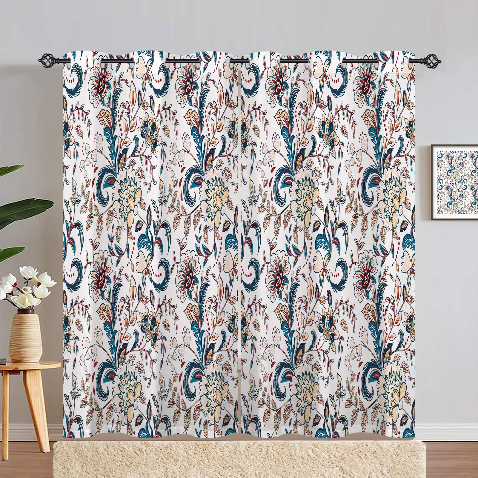 ANHOPE Floral Curtains Eyelet 80% Blackout Room Darkening Curtains Retro Style Vintage Flower Print Pattern Thermal Light Blocking Window Drapes for Bedroom Living Room 55 x 90 Inch Drop 2 Panels โ image 1