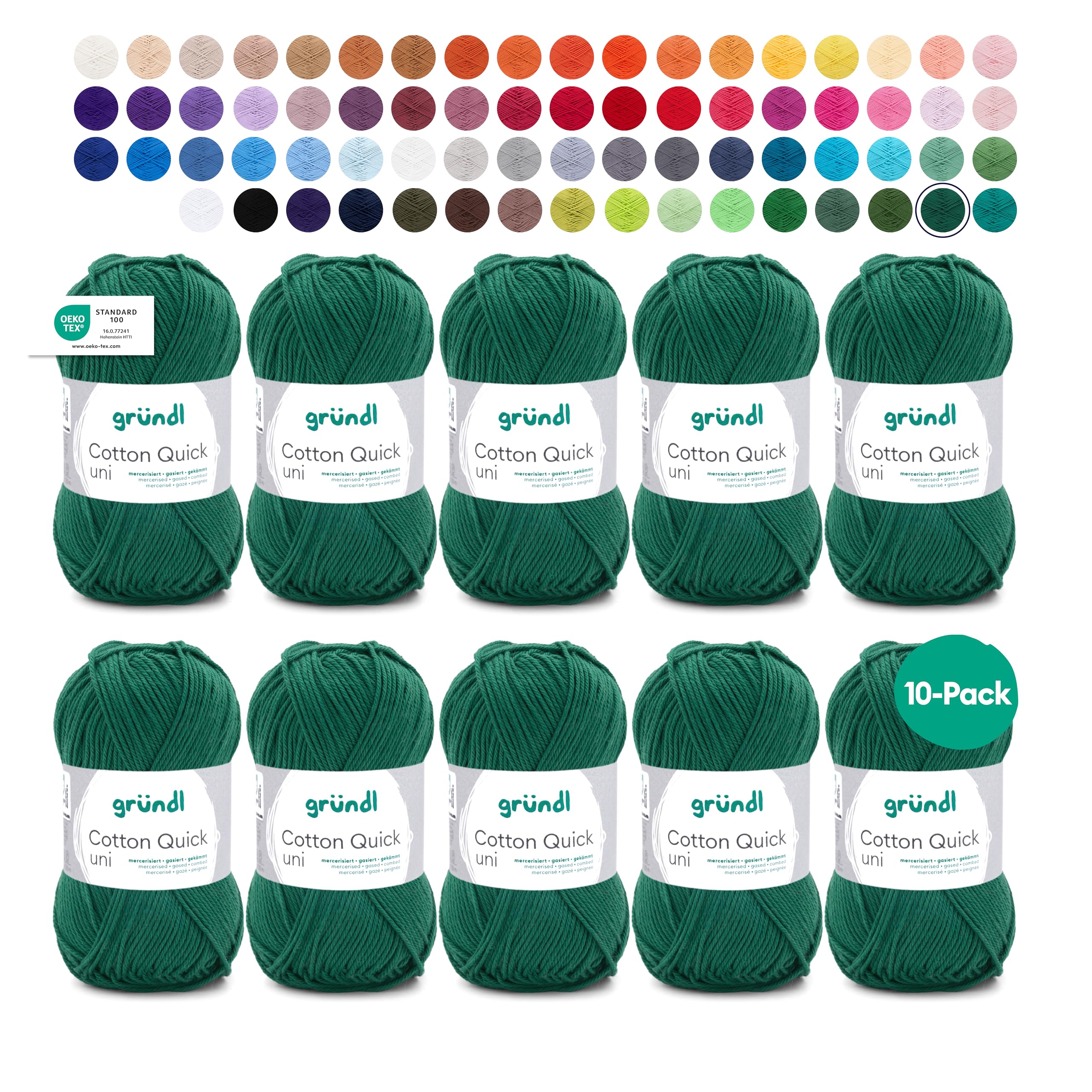 Gründl Wolle Cotton Quick uni - dünne Wolle zum Häkeln - Strickgarn - Häkelgarn - Glänzend und hautfreundlich - 100% Baumwolle - 10 Knäuel 50 g / 125 m - Nadelstärke 3-4 - tannengrün