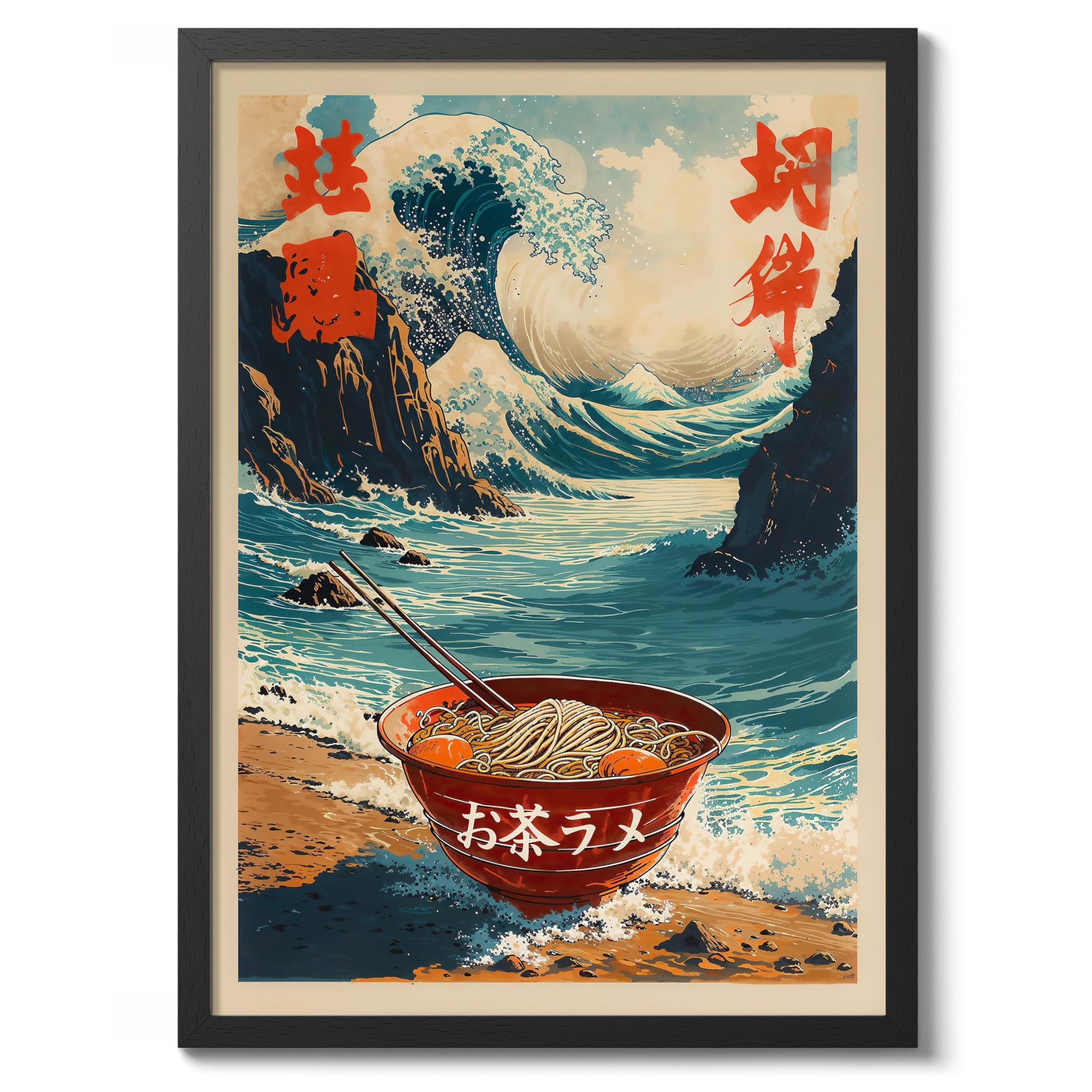 The Great Ramen Bowl Poster Japanese Anime Style Print. Great Wave Woodblock Animal Wall Art, Archival Matte, A5 (Black Frame) - 21x14.8cm โ image 1