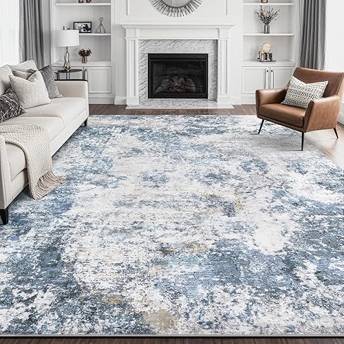 Living Room Area Rugs - 10x14 Abstract Large Soft Indoor Washable Rug Neutral Modern Low Pile Carpet for Bedroom Dining Room Farmhouse Home Office - Blue