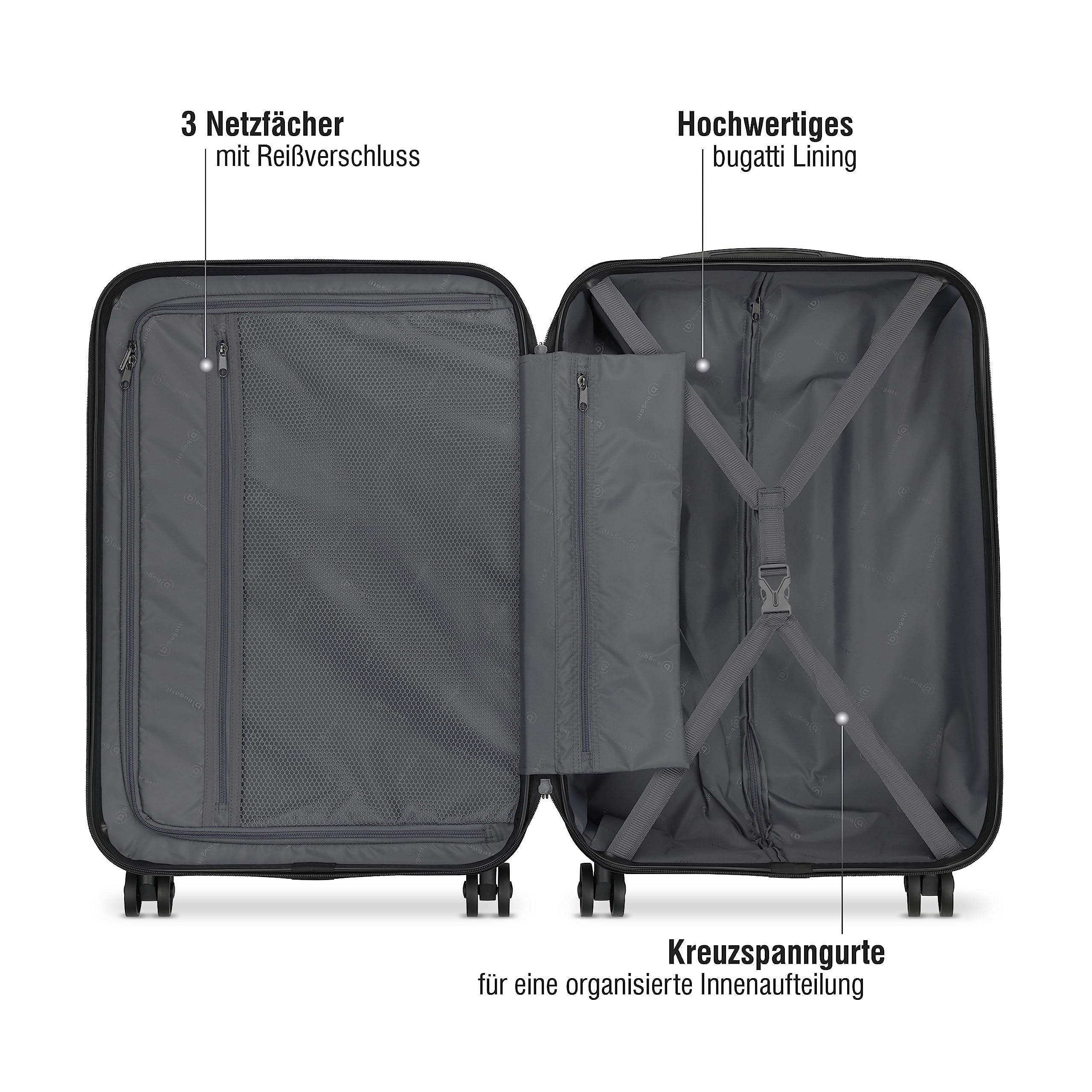 bugatti Lima Hartschalenkoffer 67x45x27,5 cm, 58,1L, 4-Rollen mit TSA-Schloss, Schwarz
