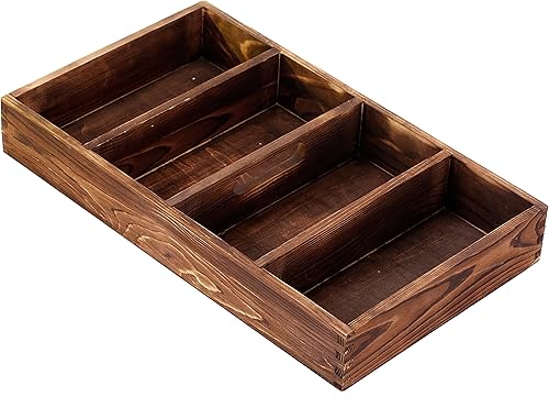MyGift Bandeja organizadora de cajones de madera quemada con 4 ranuras, utensilios multiusos, cubiertos, contenedor de madera para herramientas