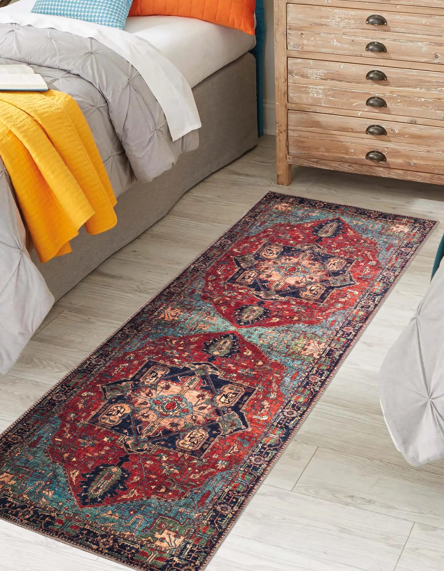 Bloom Rugs Washable Non-Slip 12 Ft Runner - Orange/Teal Blue Traditional Bordered Runner For Entryway, Hallway, Bathroom, And Kitchen - Exact Size: 2.5' X 12