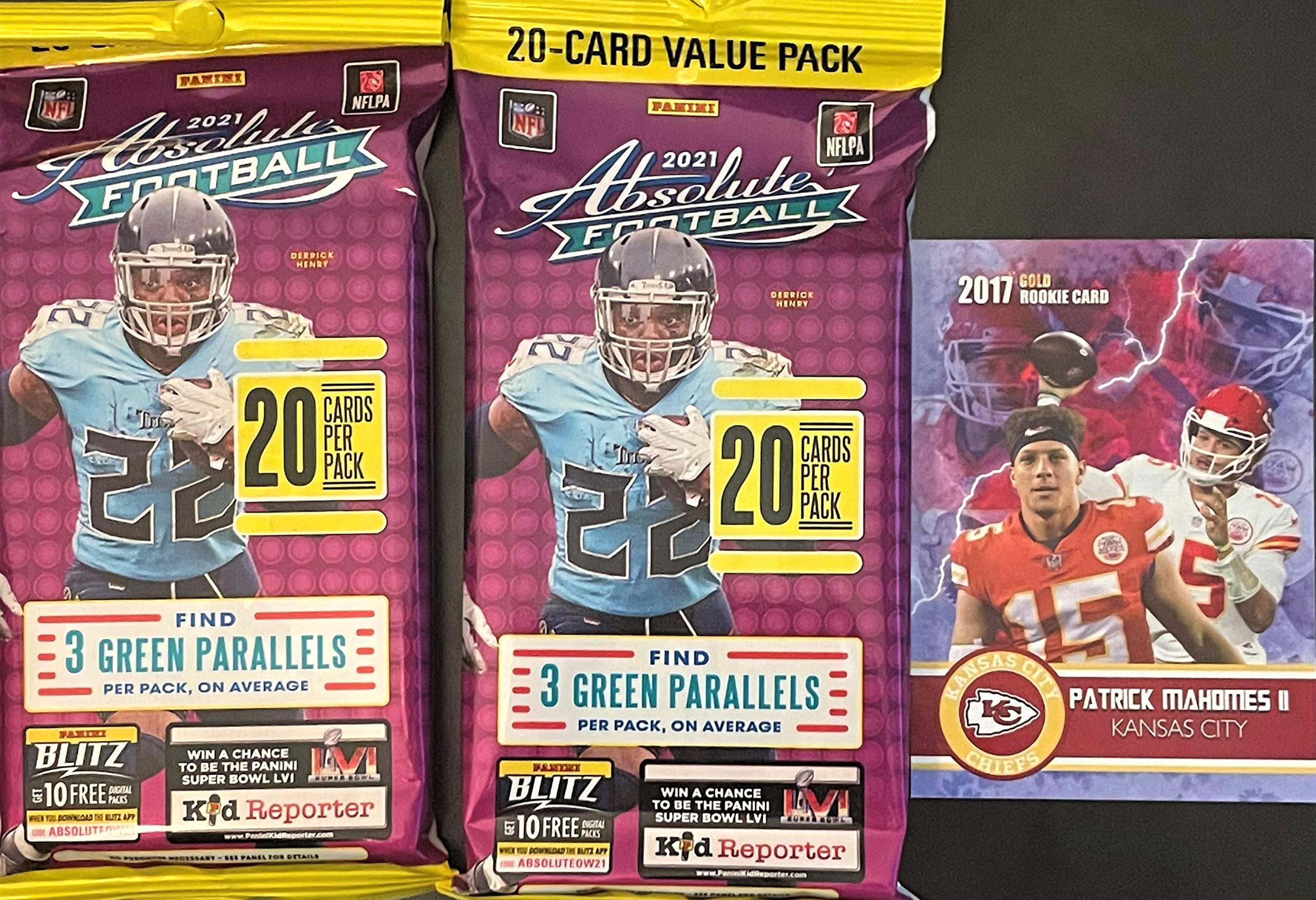 Amazon.com: TWO 2021 Panini ABSOLUTE Exclusive JUMBO Football Card Packs -  3 Green Parallels Per Pack! - Chance for Rare KABOOM Inserts - Includes  Patrick Mahomes Custom Card Shown! : Collectibles & Fine Art