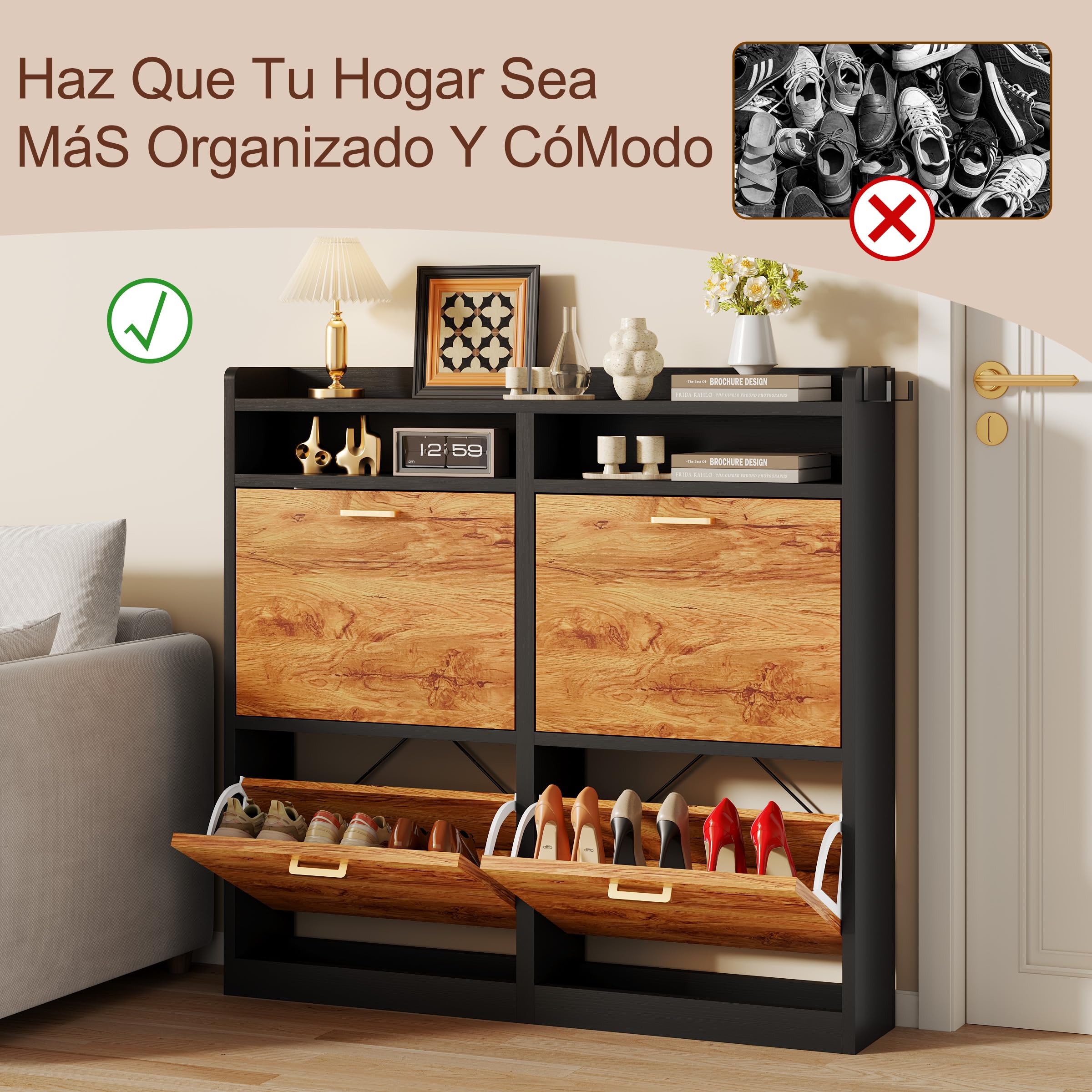 Zapatero 4 Puertas 20cm Estrecho Mueble Zapatero con 2 Compartimentos de Almacenamiento para 12-16 Pares de Zapatos，para Sala de Estar, Pasillo de Entrada, 105,5x20x100cm Negro Naranja