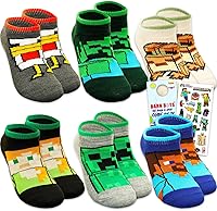 Minecraft Socks for Boys - 6 Pairs Toddler Socks Size 4.5-8.5 Ages 3-5 with Stickers & Door Hanger Bundle