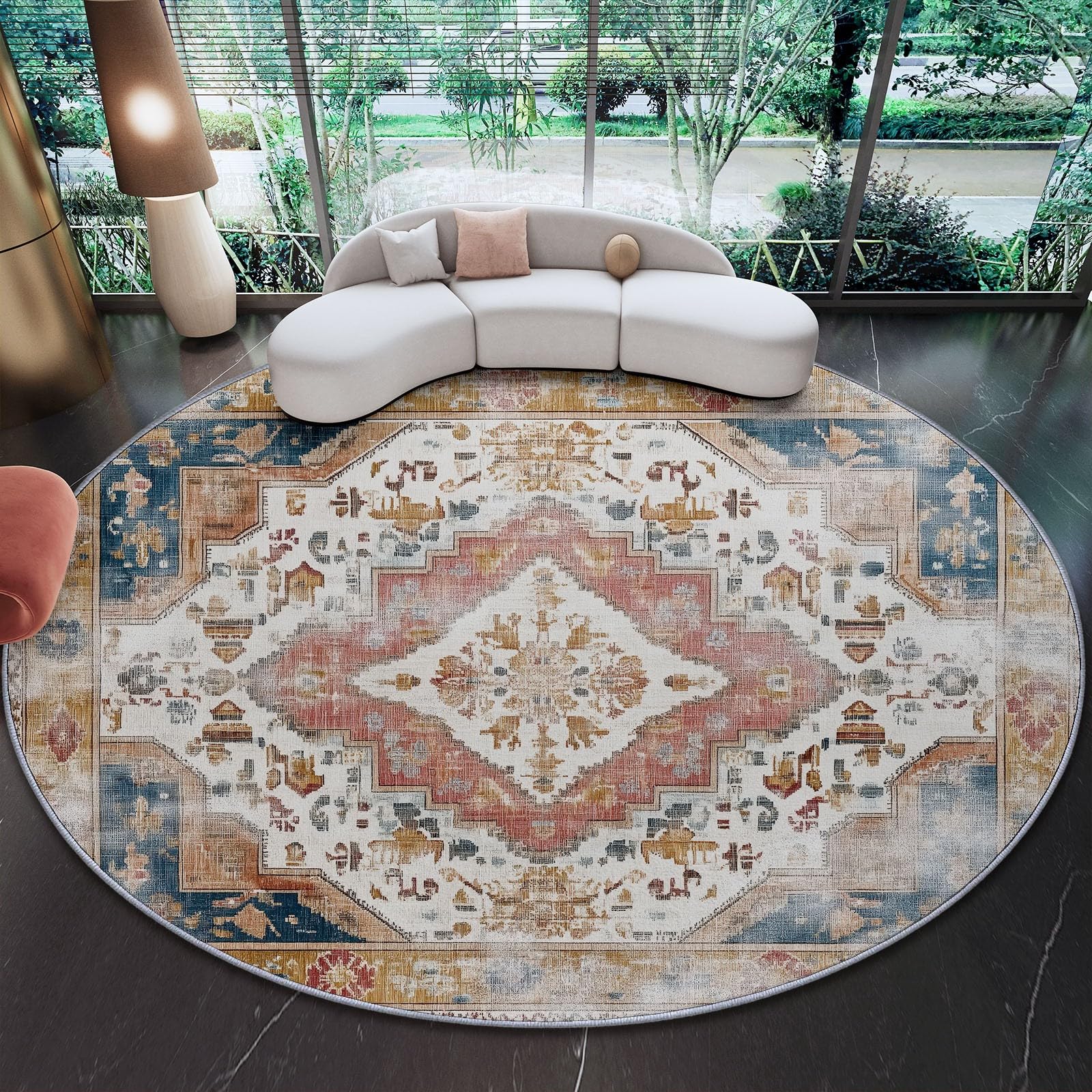 Circular Rugs 60 cm (Round) Area rug Retro Middle Eastern Floral Carpet For Bedroom and Sitting Room Rug Home Office Dining Room Kitchen Beige
