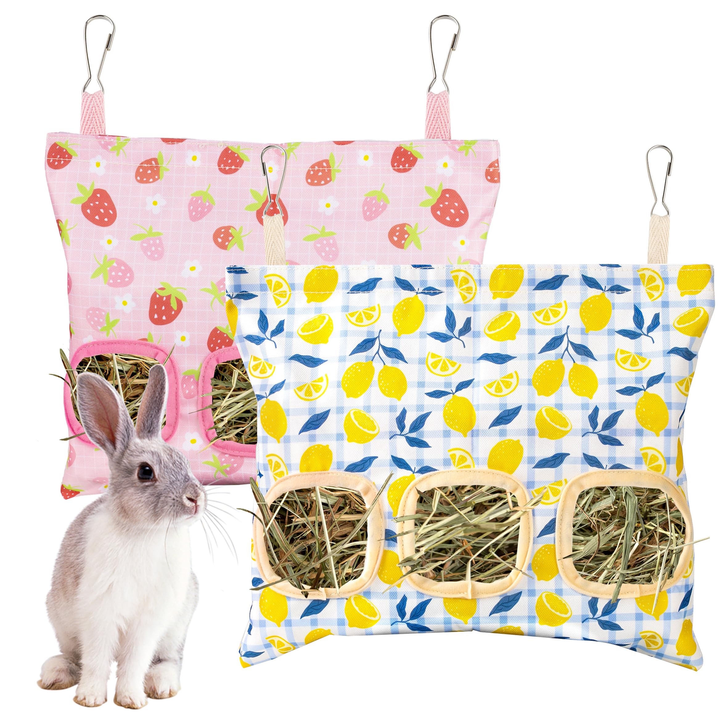 Lesnala 2pcs Bunny hay feeder Rabbit hay feeder bag Hanging guinea pig hay bag Large capacity cotton canvas fabric hay bag for Rabbits Bunny Chinchillas Hamsters and Other Small Pets(3 Holes,2 styles)