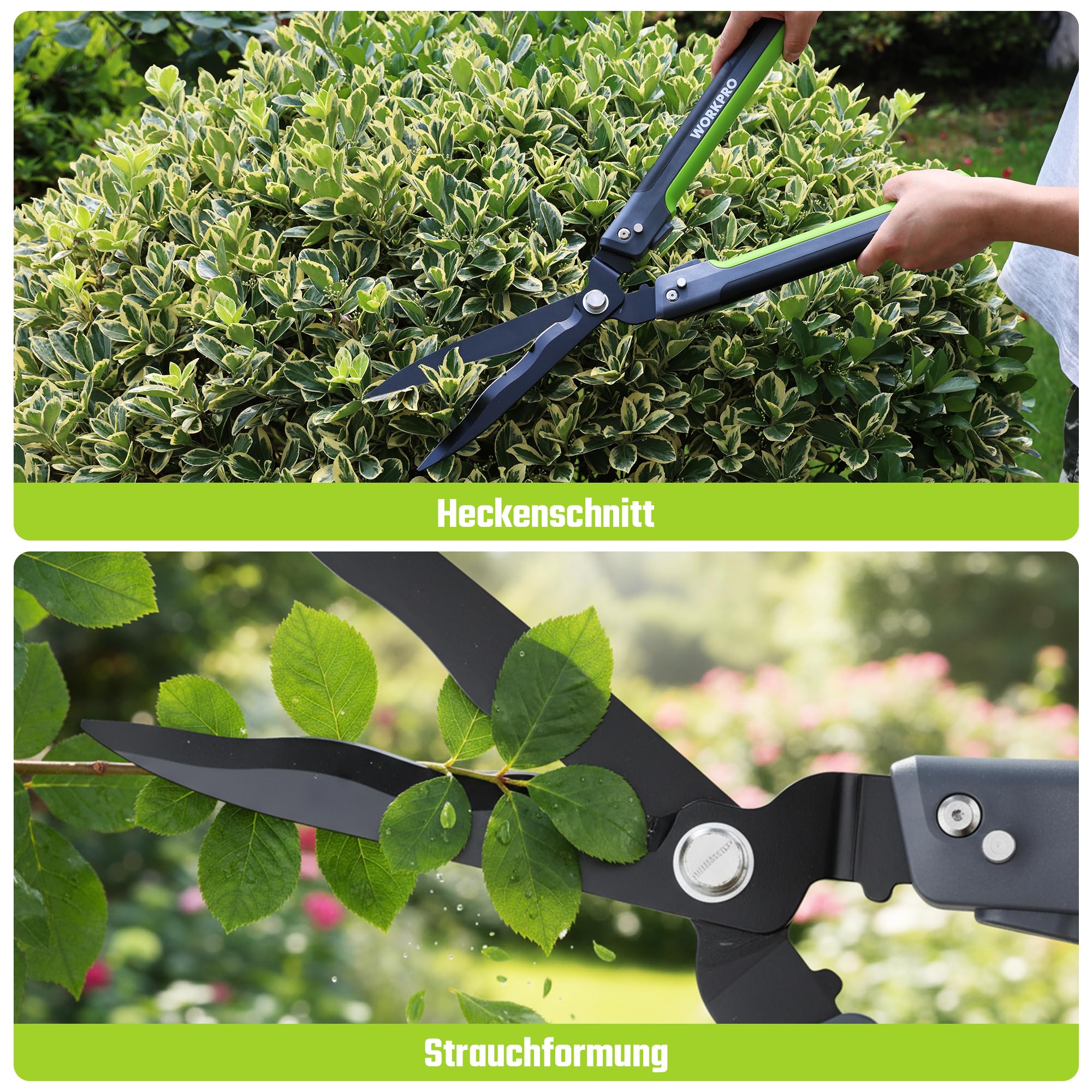 WORKPRO Heckenschere 58,5 cm mit 14° Wellenschliff, Klappbar | Ergonomische Griffe, Präziser Wellenschliff, für Hecken, Sträucher und Rasenkanten,Strauchschere, Heckenschere Manuell