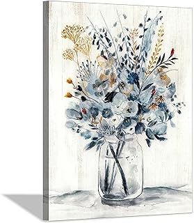 Hardy Gallery Abstract Flower Painting Wall Art: Botanical Flower Bouquet in Crystal Vase Picture Print on Wrapped Canvas for Home Kitchen (24'' x 18'' x 1 Panel)