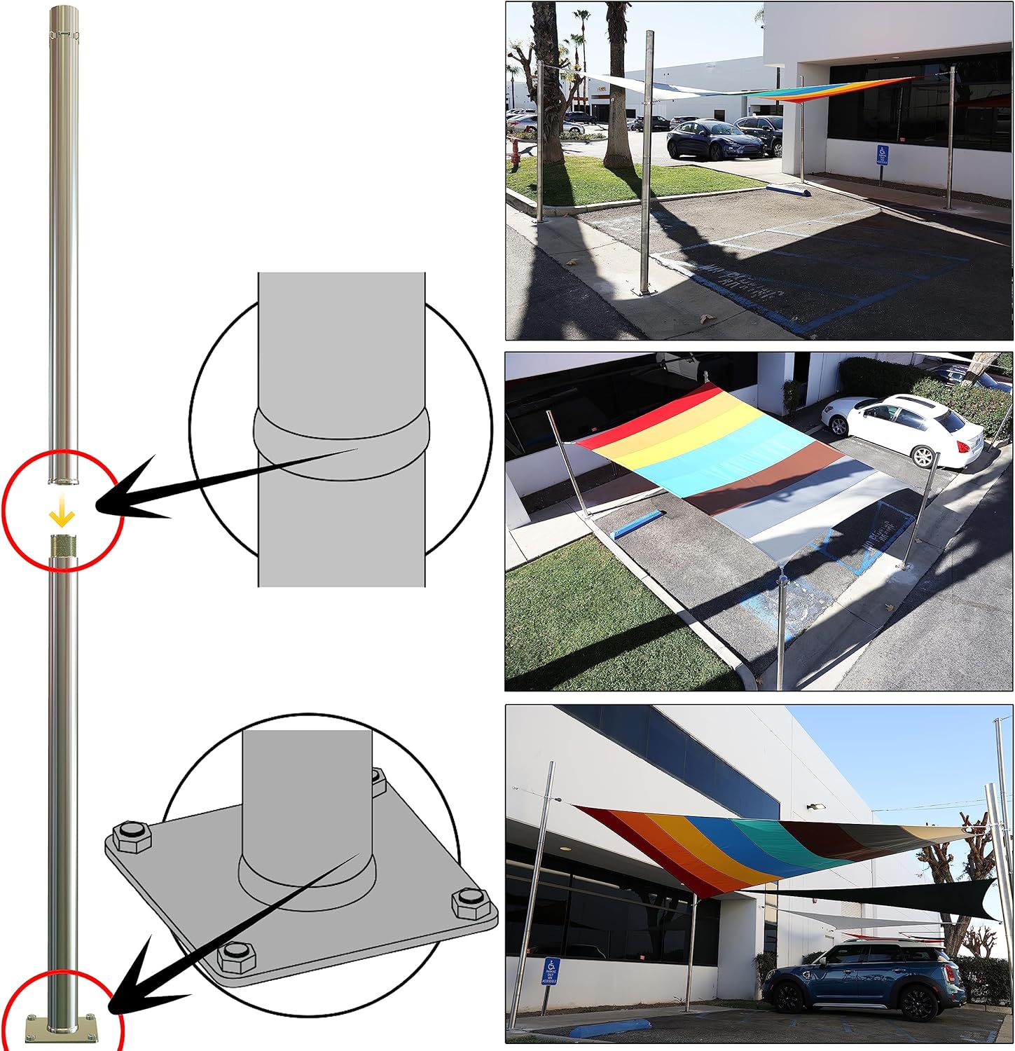 Amgo 8ft Pole Stainless Steel, Heavy Duty with Base Plate & Height Adjustable Mounting Clamp T - Easy Installation Shade Sail Canopy Post, Fence Post, Flagpole, Sign Post - Outdoor, Garden, Backyard