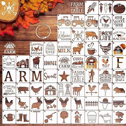 65 Pieces Animal Stencils for Painting, Small Reusable Deer Bear Dinosaur Stencil Template Tree Bee Bird Mountain Fox DIY Craft Paint Stencils for Painting on Wood Wall Card Rock Decor (Farm)