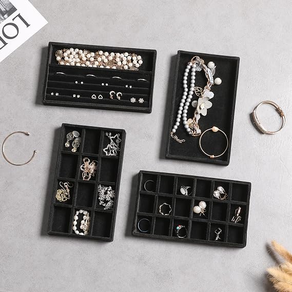Frebeauty Velvet Jewelry Tray, Drawer Jewelry Organizer,Stackable Jewelry Drawer Tray,Jewelry Storage for Earrings Rings Studs