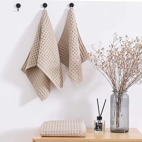 Miniatura 7 de Juego de 3 toallas de baño de punto gofre, juego de toallas 100% algodón (1 toalla de baño, 1 toalla de mano, 1 toallita) Toalla de mano de baño