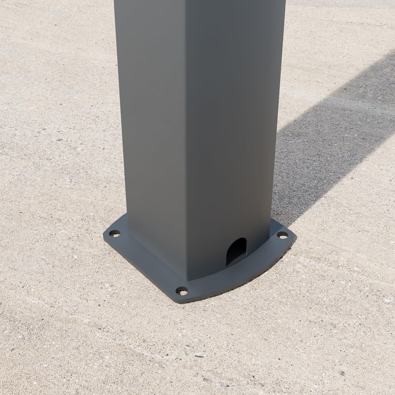 Close-up of a gazebo base plate with pre-drilled holes for anchoring and a drainage opening.