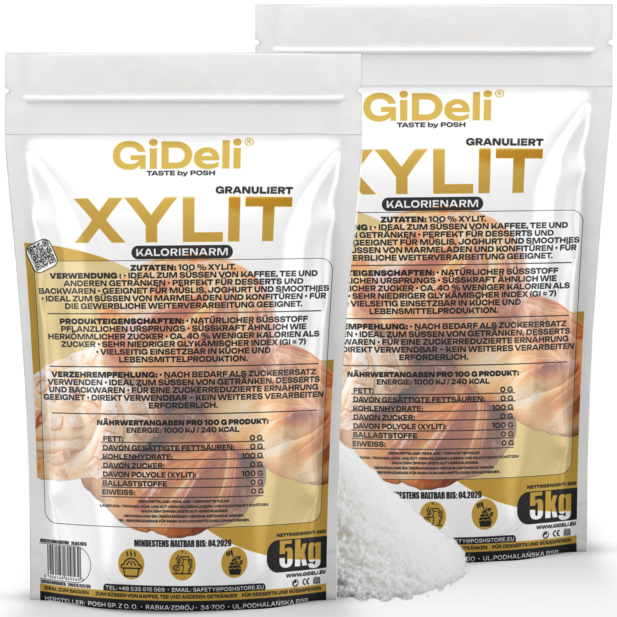 GiDeli Xylit Zucker 2x 5kg - Birkenzucker aus Finnland - Enthält 40% weniger Kalorien als Standard-Zucker - Süßungsmittel, das so süß wie Zucker ist, aber einen niedrigeren glykämischen Index hat
