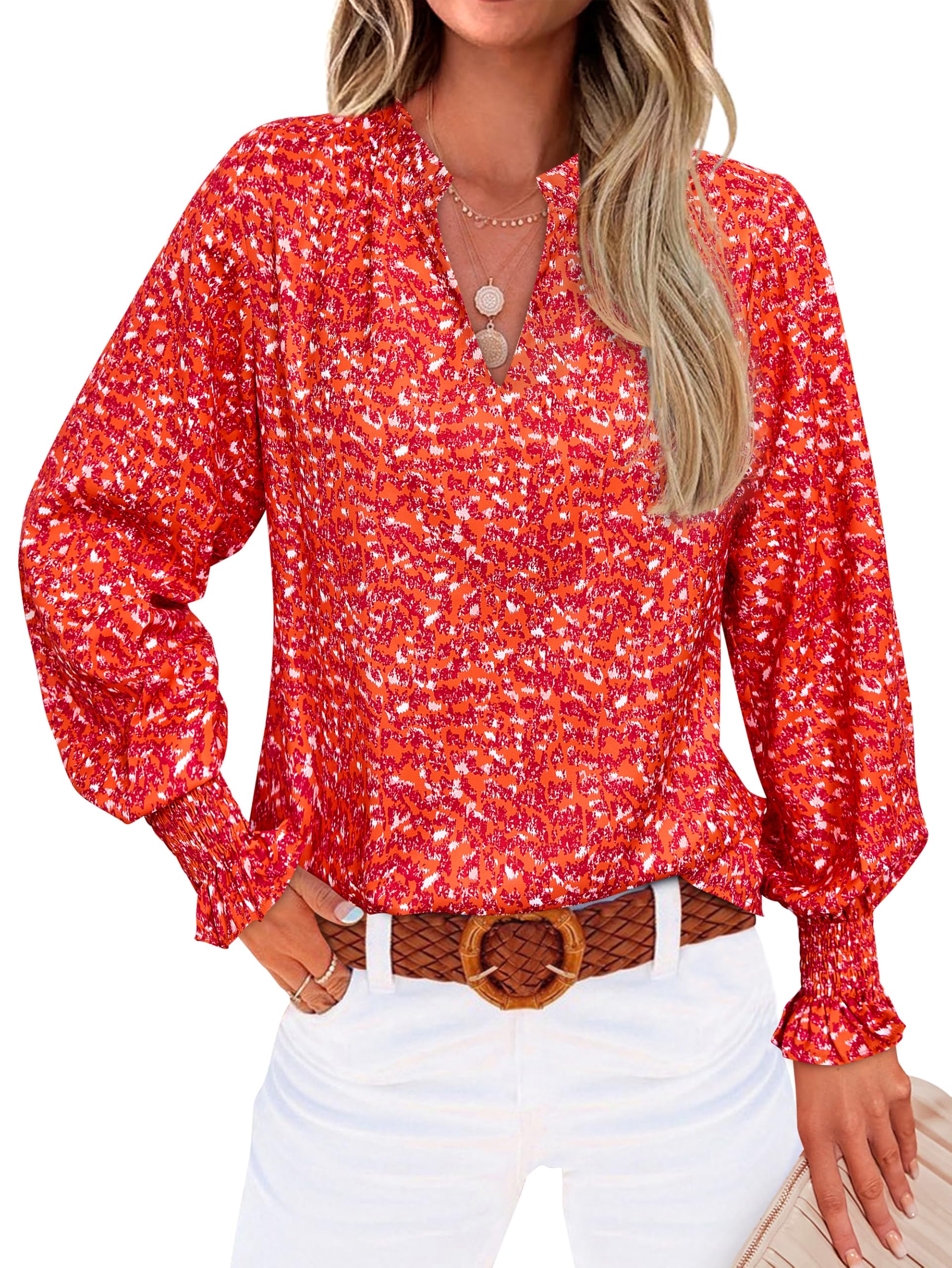 MASCOMODAWomens V Neck Floral Long Sleeve Tops 2025 Summer Casual Loose Puff Sleeve Chiffon Boho Work Blouse Dressy T Shirts